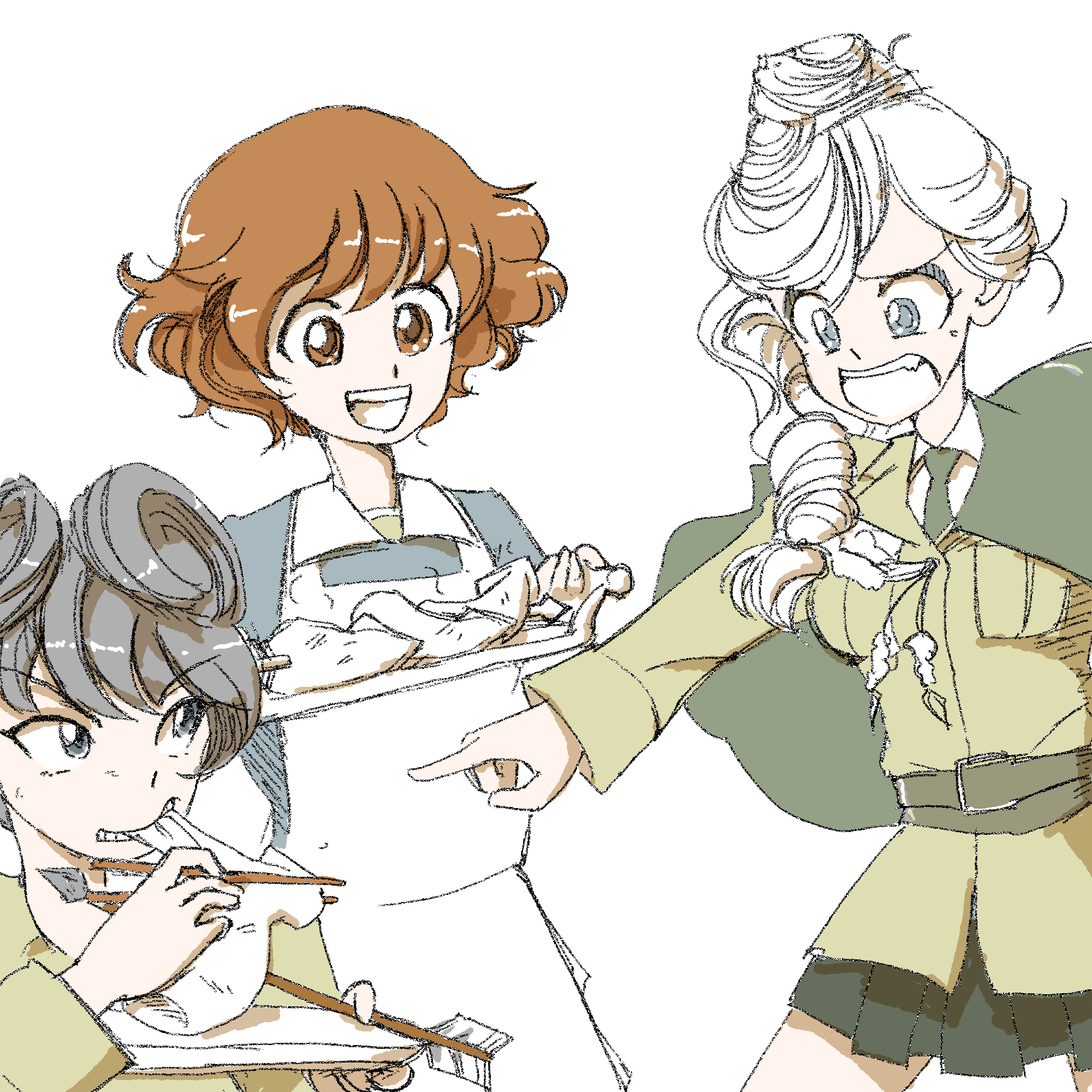 3girls akiyama_yukari arrow_(projectile) belt belt_buckle black_eyes black_skirt blonde_hair bonple_military_uniform brown_eyes brown_hair brown_jacket buckle cape chi-hatan_school_uniform chopsticks eating ebitama_(ebitamamix) food food_request girls_und_panzer green_cape grey_eyes hair_bun highres holding holding_chopsticks holding_tray hosomi_shizuko jacket jajka_(girls_und_panzer) long_hair miniskirt multiple_girls ooarai_military_uniform school_uniform short_hair skirt tray
