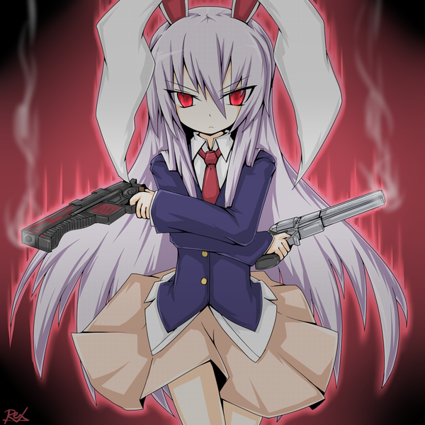 1girl animal_ears bad_id bad_pixiv_id daijuuji_kuzaku demonbane dual_wielding female_focus gradient_background gun hands_on_own_hips holding long_hair parody purple_hair rabbit_ears reisen_udongein_inaba reku skirt solo touhou weapon