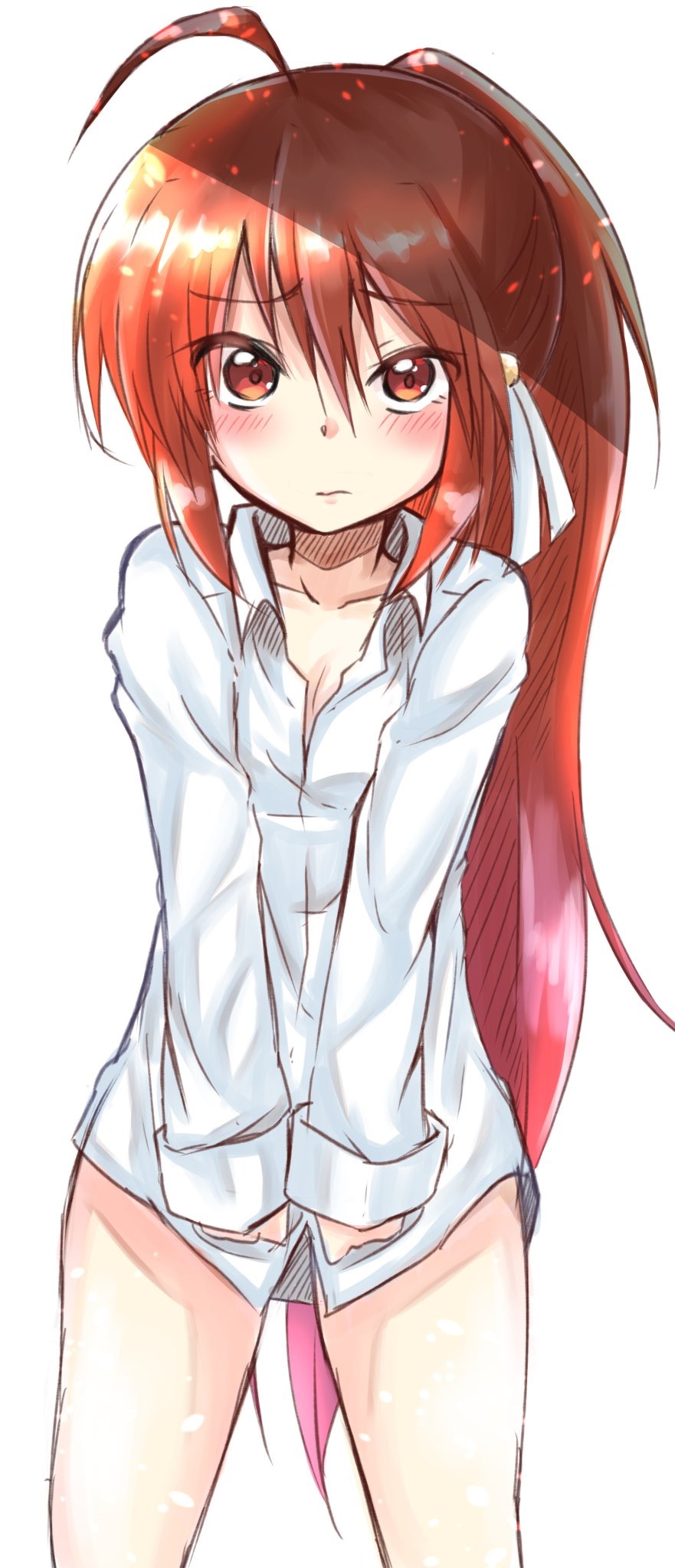 1girl ahoge blush breasts brown_eyes brown_hair cleavage closed_mouth commentary_request covering_crotch covering_privates cowboy_shot dress_shirt frown furrowed_brow hair_between_eyes highres light_particles little_busters! long_hair long_sleeves looking_at_viewer naked_shirt natsume_rin ponytail shinonome_mozuku shirt shy simple_background sleeves_past_wrists small_breasts solo standing straight-on straight_hair thighs v_arms very_long_hair white_background white_shirt