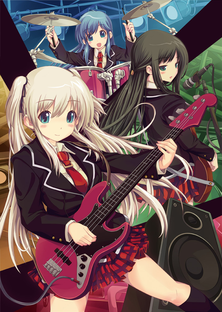 3girls band_(music) black_hair blonde_hair blue_eyes blue_hair blush drum green_eyes guitar half_updo instrument long_hair lorna mabinogi microphone microphone_stand morrighan multiple_girls nao_(mabinogi) necktie school_uniform sisco skirt twintails