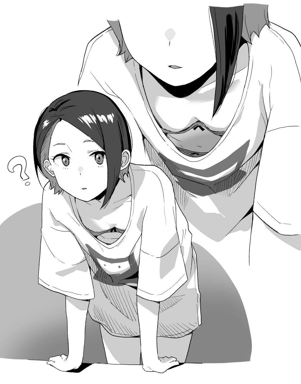 1girl ? asymmetrical_hair bra breasts downblouse extended_downblouse female_focus greyscale gundam gundam_suisei_no_majo highres leaning_forward looking_at_viewer makio_(makiomeigenbot) monochrome navel nika_nanaura oversized_clothes oversized_shirt panties parted_lips shirt short_hair small_breasts solo t-shirt underwear
