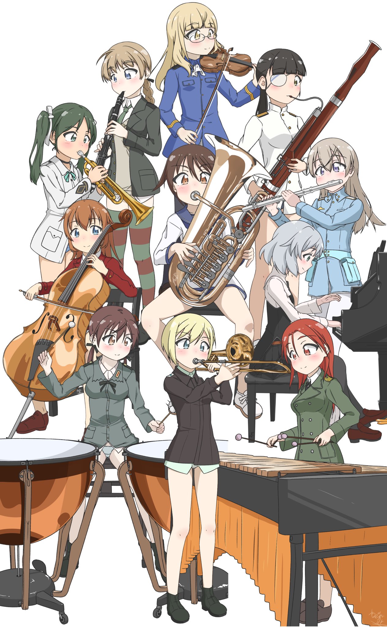 501st_joint_fighter_wing 6+girls artist_request black_hair black_pantyhose blonde_hair blue_jacket brown_hair cello charlotte_e._yeager eila_ilmatar_juutilainen erica_hartmann eyepatch francesca_lucchini french_horn gertrud_barkhorn glasses green_jacket green_necktie highres instrument jacket long_hair lynette_bishop marimba military military_uniform minna-dietlinde_wilcke miyafuji_yoshika multiple_girls necktie no_pants orange_hair pantyhose perrine_h._clostermann piano red_hair sakamoto_mio sanya_v._litvyak school_uniform shoes short_hair simple_background sitting standing strike_witches striped_clothes striped_thighhighs thighhighs trumpet violin white_background white_jacket white_pantyhose world_witches_series