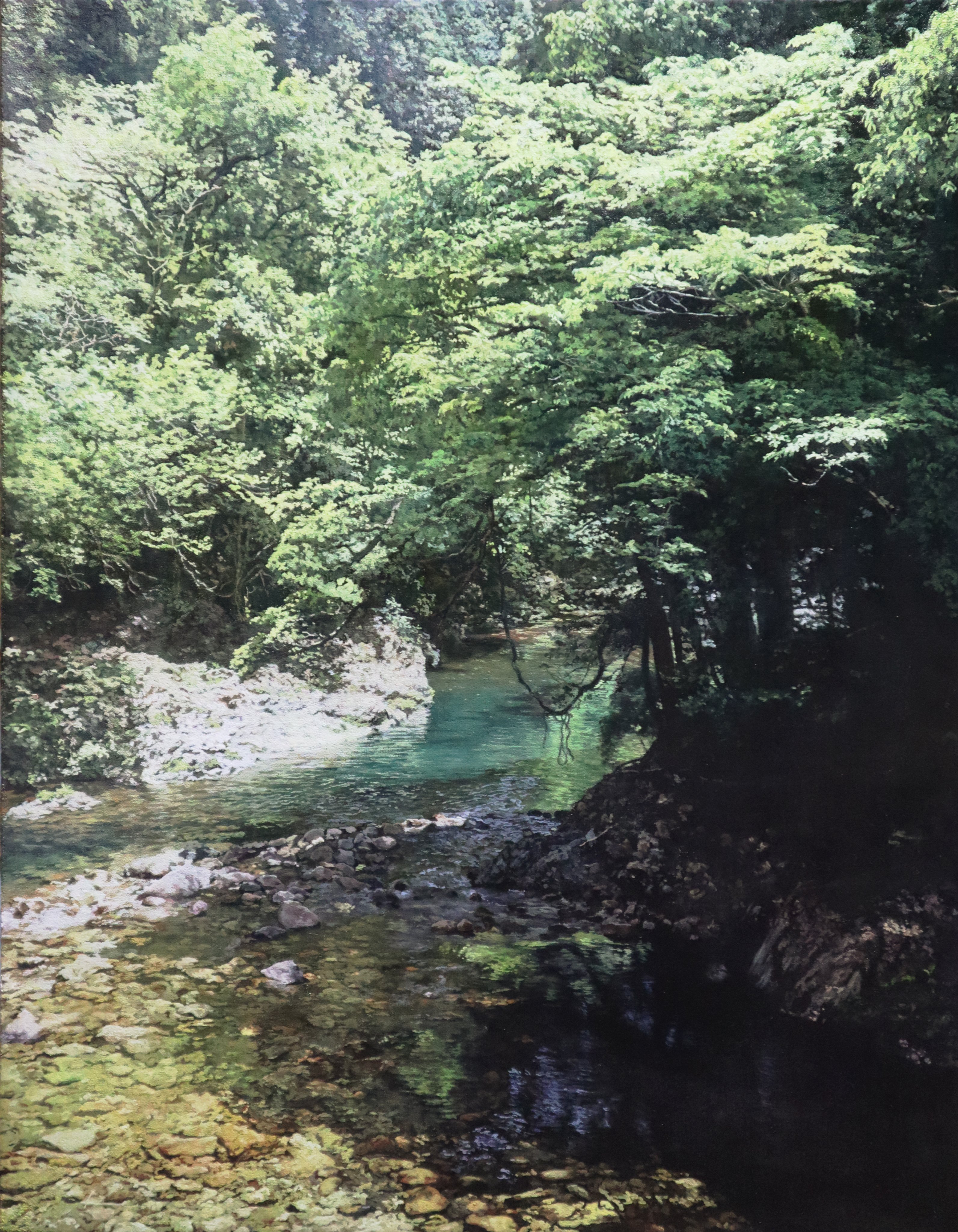 absurdres bush day forest grass highres hill morning naohiro_ito nature no_humans original painting_(medium) riverbank scenery shadow stream sunlight traditional_media tree_shade water