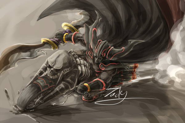 1boy armor black_armor black_cape bracer cape commentary_request dark_dream_(dq6) dragon_quest dragon_quest_vi drifting exhaust_pipe fake_horns floating_cape helmet holding holding_weapon horned_helmet horns kale male_focus motor_vehicle motorcycle muscular muscular_male on_motorcycle signature skull solo weapon weapon_request