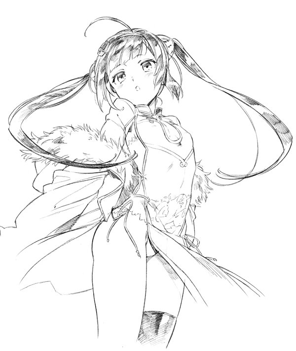1girl :o ahoge armpit_peek azur_lane breasts character_request check_character china_dress chinese_clothes cleavage_cutout clothing_cutout coat collar commentary commentary_request covered_erect_nipples cowboy_shot cropped_legs diagonal_bangs dragon dress eastern_dragon fur-trimmed_coat fur_trim hair_ornament hairband hairpods head_tilt light_blush lineart long_hair monochrome open_mouth panties pantyshot patterned_clothing pelvic_curtain petite ping_hai_(azur_lane) side-tie_panties side_slit sideboob single_thighhigh small_breasts solo thighhighs thighs twintails underwear zekkyou_(h9s9)