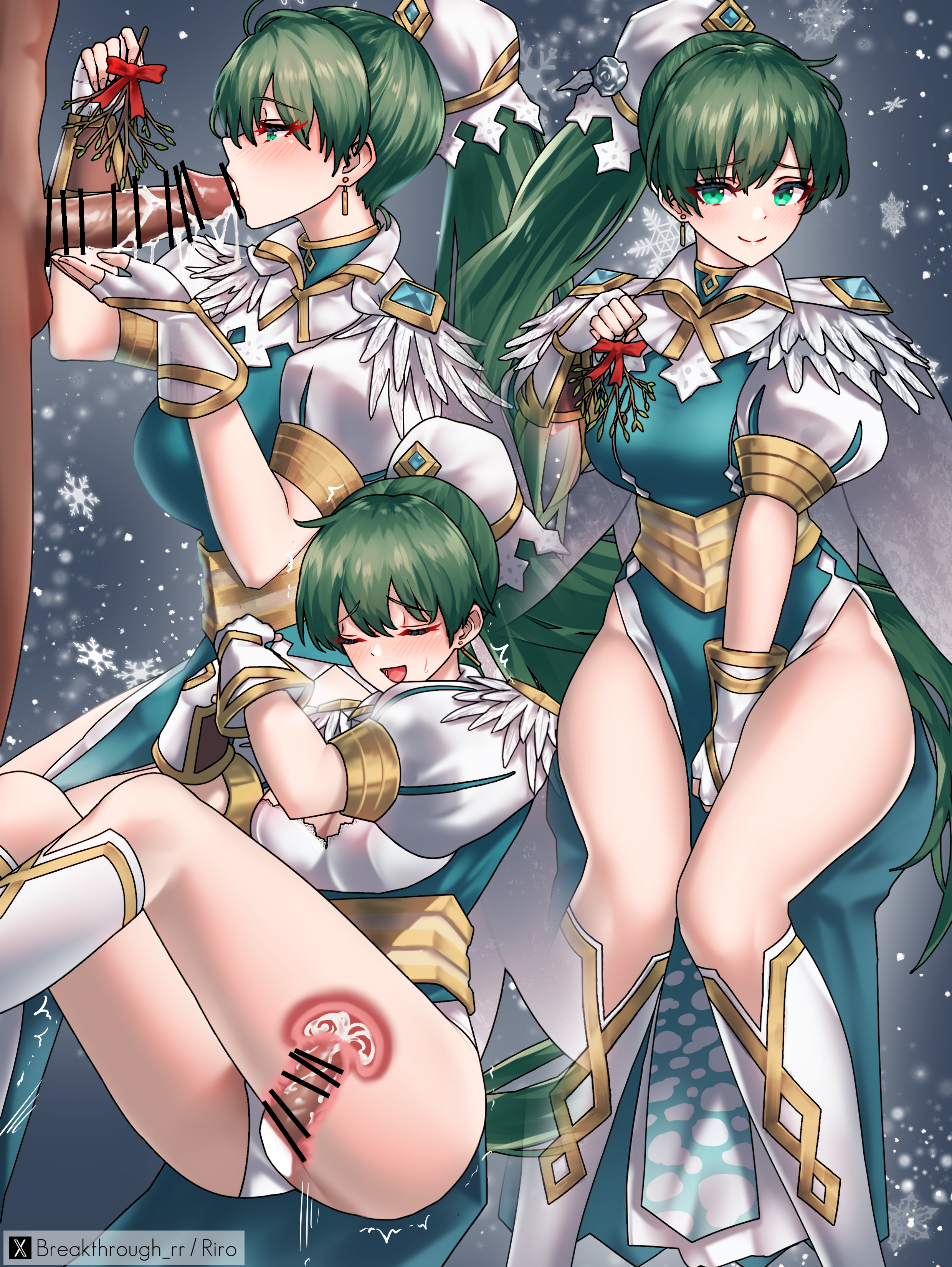 1boy 1girl absurdres artist_name bar_censor blue_dress boots breasts censored closed_eyes clothed_female_nude_male cross-section cum cum_in_pussy dress fellatio fingerless_gloves fire_emblem fire_emblem:_the_blazing_blade fire_emblem_heroes gloves green_eyes green_hair highres long_hair lyn_(fire_emblem) lyn_(resplendent)_(fire_emblem) nintendo nude open_mouth oral panties penis ponytail riro_(breakthrough_rr) sex smile snowing underwear vaginal white_boots white_gloves white_panties