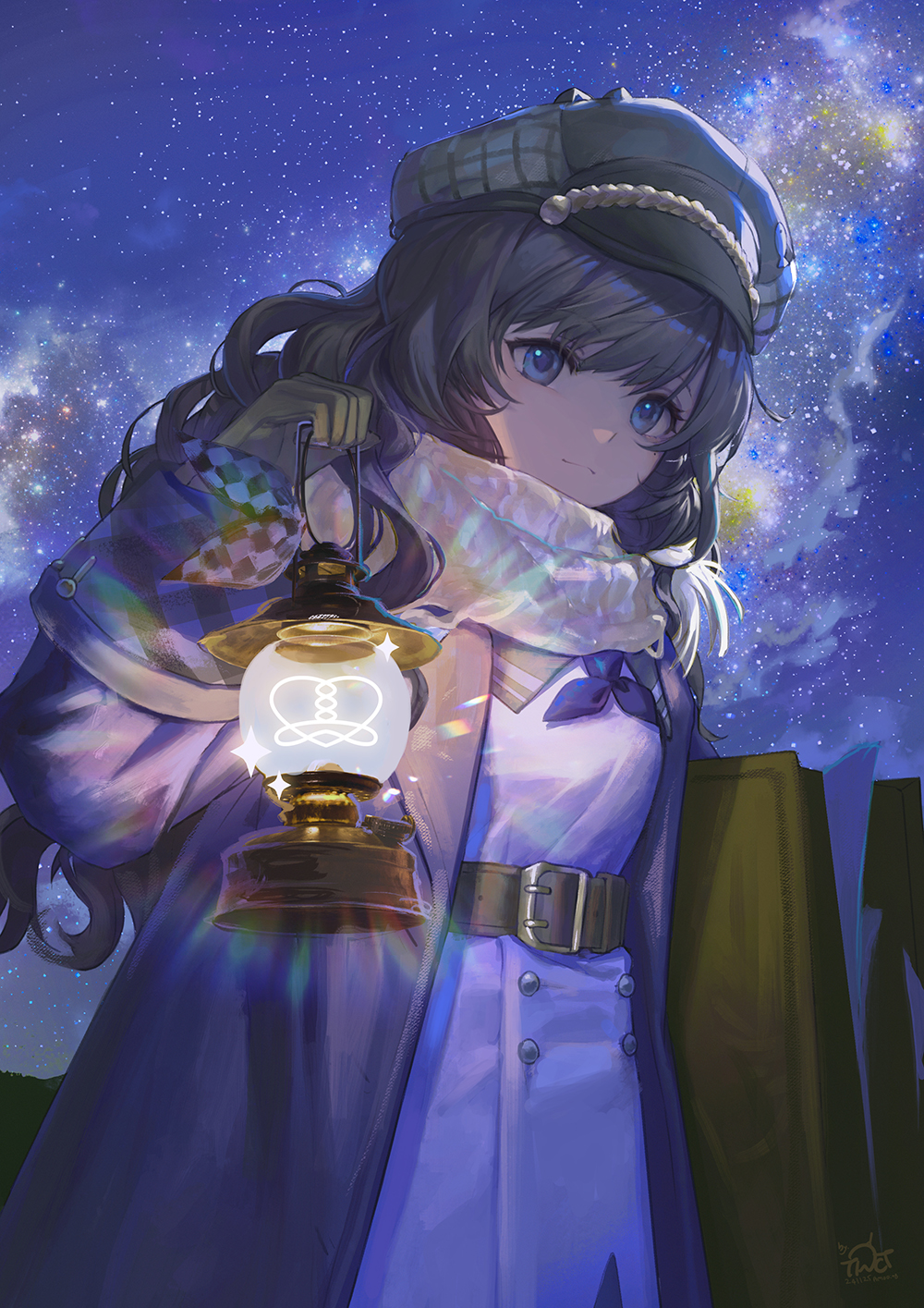 1girl belt blue_coat blue_eyes blue_neckerchief blue_sky brown_belt brown_gloves brown_hair newsboy_cap closed_mouth coat dress gloves grey_hat hand_up hat highres hofmann_knot holding holding_lantern holding_suitcase lantern long_hair looking_at_viewer marcus_(reverse:1999) milky_way neckerchief night night_sky outdoors reverse:1999 scarf sky solo star_(sky) starry_sky suitcase tinct upper_body white_dress white_scarf