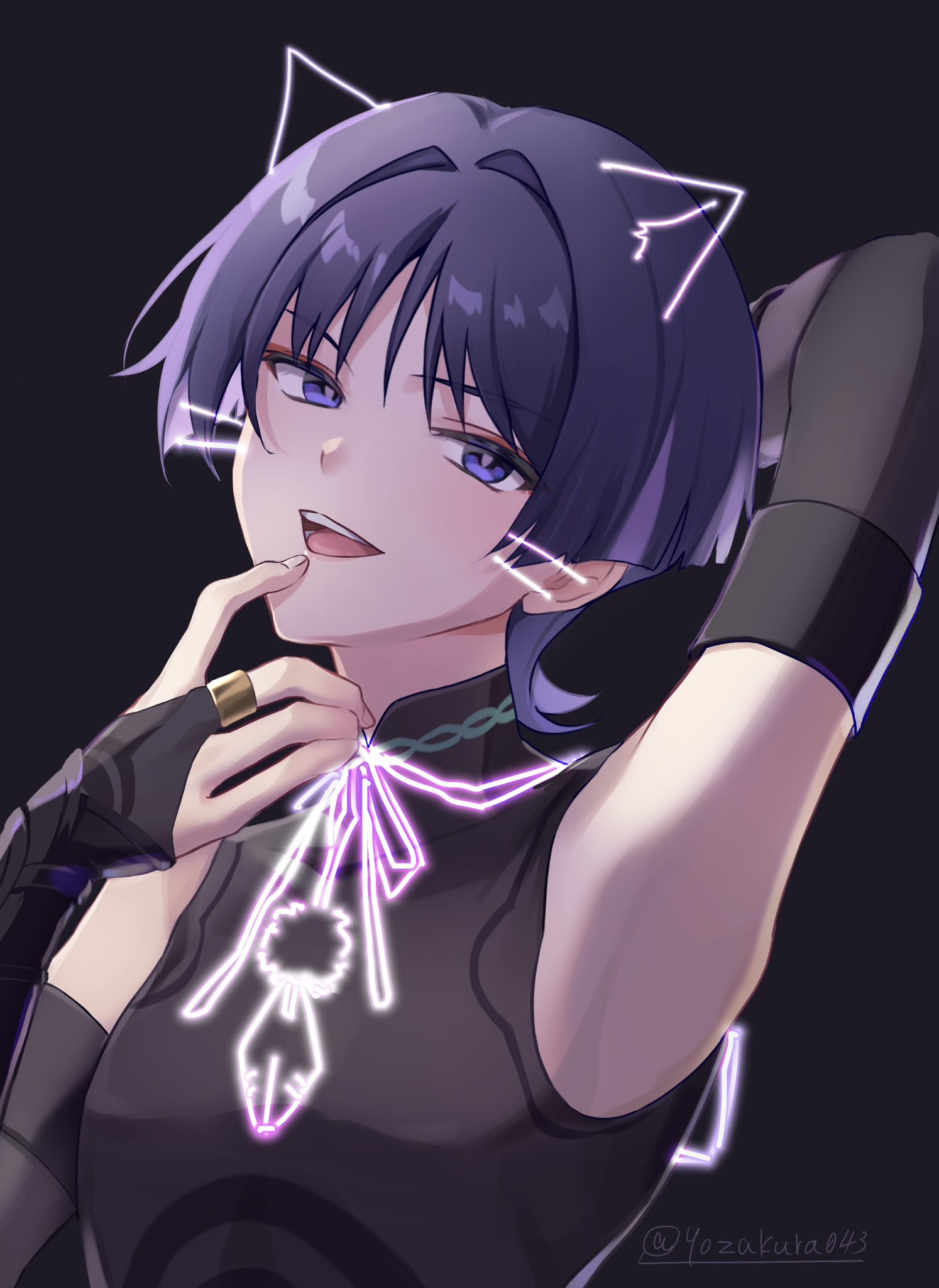 1boy animal_ears arm_behind_head armor black_background black_bodysuit black_bridal_gauntlets blunt_ends bodysuit bridal_gauntlets cat_ears colored_inner_hair covered_collarbone drawn_ears drawn_whiskers eyeliner eyeshadow feathers finger_to_face genshin_impact gold_ring hair_intakes hand_up highres japanese_armor kote kurokote looking_at_viewer makeup male_focus mandarin_collar middle_ring multicolored_hair open_mouth pom_pom_(clothes) purple_eyes purple_hair red_eyeliner red_eyeshadow rui_(yozakura043) scaramouche_(genshin_impact) sleeveless sleeveless_bodysuit solo string teeth tongue tsurime twitter_username upper_body wanderer_(genshin_impact)