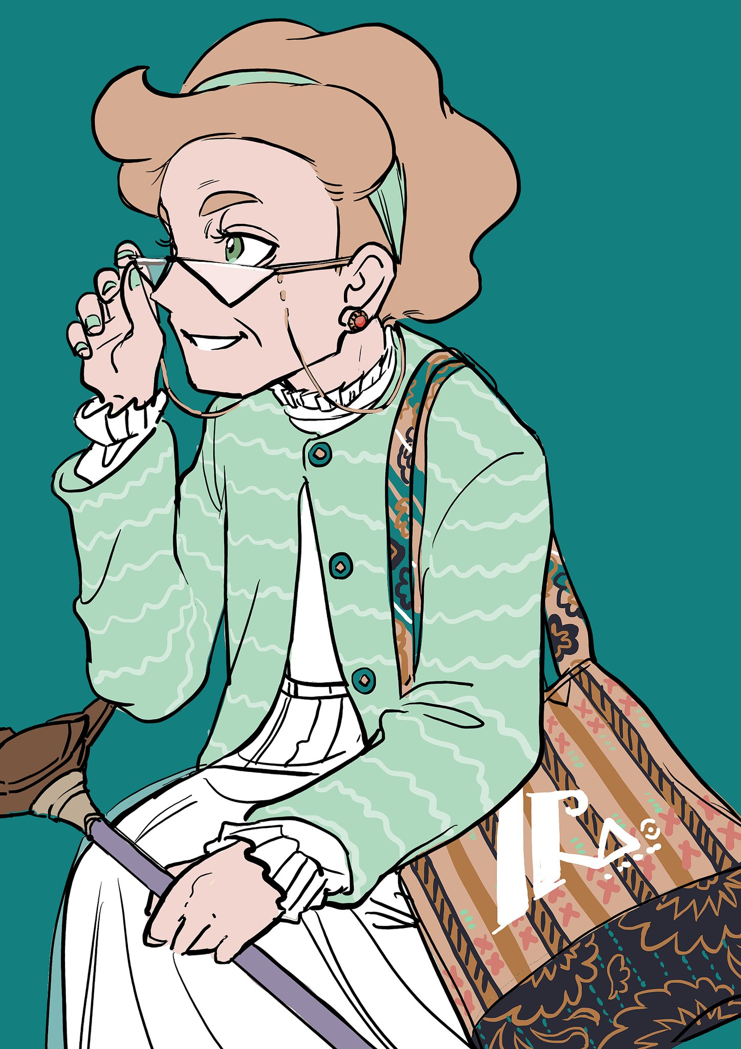 1girl adjusting_eyewear alternate_costume bag brown_bag brown_hair buttons cane cardigan commentary earrings elizabeth_(tomas21) eyewear_strap frills glasses green_background green_cardigan green_eyes green_hairband hairband hand_up highres holding holding_cane jewelry long_sleeves magnolia_(pokemon) nintendo pokemon pokemon_swsh shirt simple_background sitting skirt solo white_shirt white_skirt