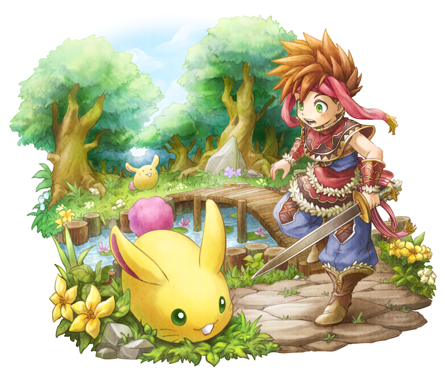 1boy boots bridge brown_hair flower forest green_eyes headband holding holding_sword holding_weapon lily_pad nature rabite_(seiken_densetsu) randi_(seiken_densetsu_2) river sayoyonsayoyo seiken_densetsu seiken_densetsu_2 spiked_hair sword tree weapon