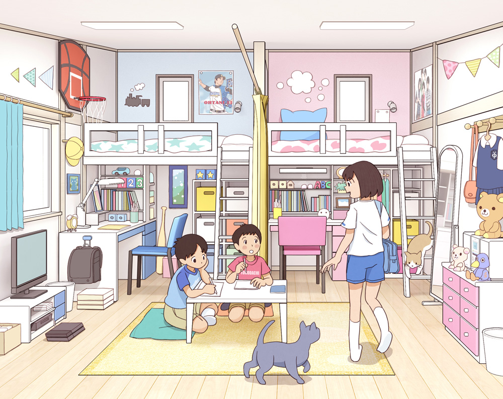 1girl 2boys absurdly_detailed_composition bag blue_shorts blush brother_and_sister brown_hair brown_shorts carpet cat chabudai_(table) chair curtains desk fixed-point_camera indoors kiyo_(kyokyo1220) korilakkuma loaded_interior loft_bed mirror multiple_boys on_floor ootani_shouhei original poster_(object) red_shirt rilakkuma san-x shirt short_hair shorts shoulder_bag siblings sitting stuffed_animal stuffed_toy table teddy_bear television time_lapse white_shirt window