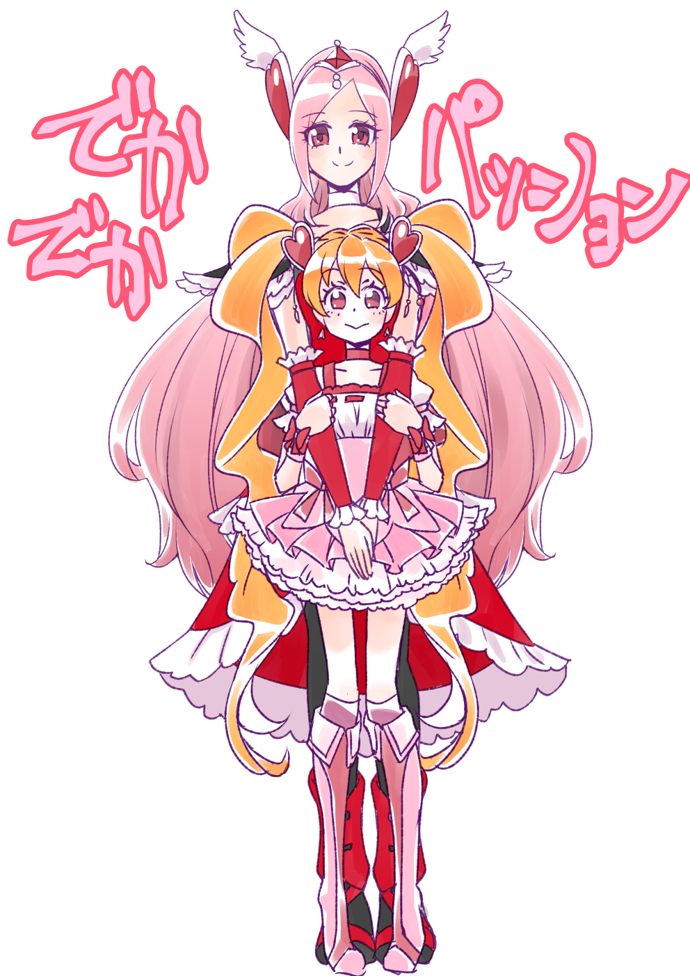 2girls black_pantyhose blonde_hair boots choker commentary cure_passion cure_peach detached_sleeves dress earrings fresh_precure! frilled_dress frills hair_ornament headgear heart heart_hair_ornament height_difference higashi_setsuna highres jewelry long_dress long_hair looking_at_viewer maboroshineko momozono_love multiple_girls pantyhose petticoat pink_boots pink_dress pink_hair precure puffy_short_sleeves puffy_sleeves red_choker red_dress red_eyes red_footwear red_sleeves short_sleeves simple_background standing translated twintails v_arms very_long_hair white_background