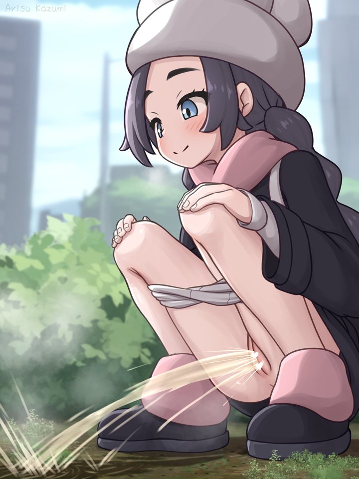 1girl ansha_(pokemon) arisu_kazumi black_coat black_hair black_shoes blue_eyes blush braid building bush censored cleft_of_venus closed_mouth cloud coat commentary_request grey_panties hands_on_own_knees hat loli long_hair long_sleeves looking_down nintendo outdoors panties panty_pull pee peeing pink_scarf pink_socks pokemon pokemon_legends:_z-a puddle pussy scarf shoes sky skyscraper smile socks solo squatting steam twin_braids underwear white_hat