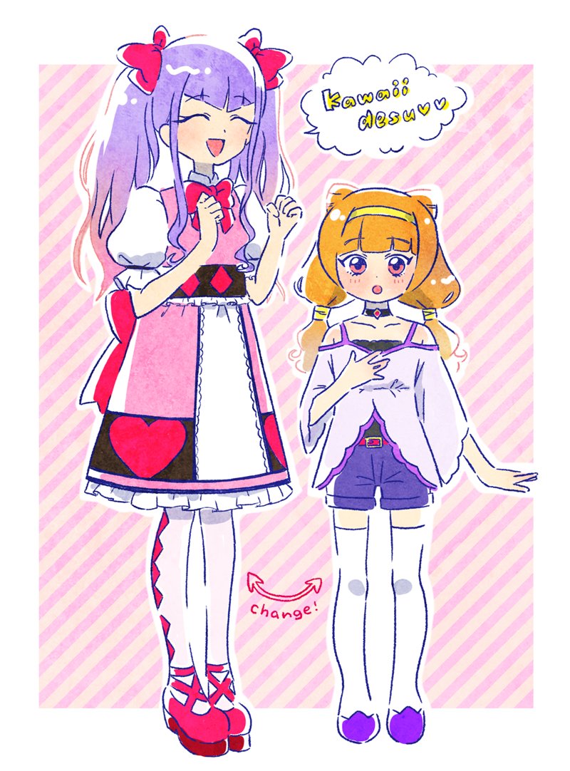 2girls :o aisaki_emiru blush bow choker closed_eyes commentary_request cone_hair_bun cosplay costume_switch english_text hair_bun hairband hoppetoonaka3 hugtto!_precure layered_skirt long_hair magical_girl multiple_girls open_mouth orange_hair pink_eyes precure purple_hair romaji_text ruru_amour shirt shorts simple_background skirt smile thighhighs twintails white_thighhighs yellow_hairband