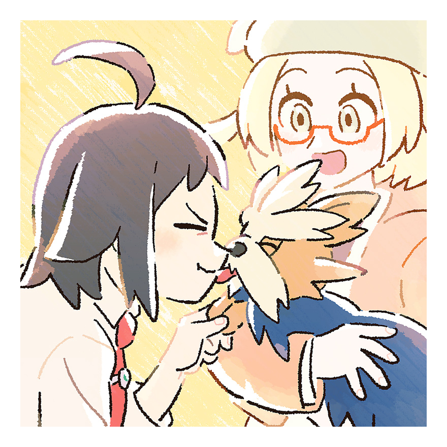 1boy 1girl ahoge animal_ears bianca_(pokemon) black_hair blonde_hair blue_fur border brown_fur cheren_(pokemon) closed_eyes collared_shirt commentary_request dog_ears gen_5_pokemon glasses green_headwear herdier hmtmgl holding holding_pokemon jacket licking necktie nintendo orange_jacket pokemon pokemon_(creature) pokemon_bw2 red-framed_eyewear shirt smile tongue tongue_out upper_body white_border