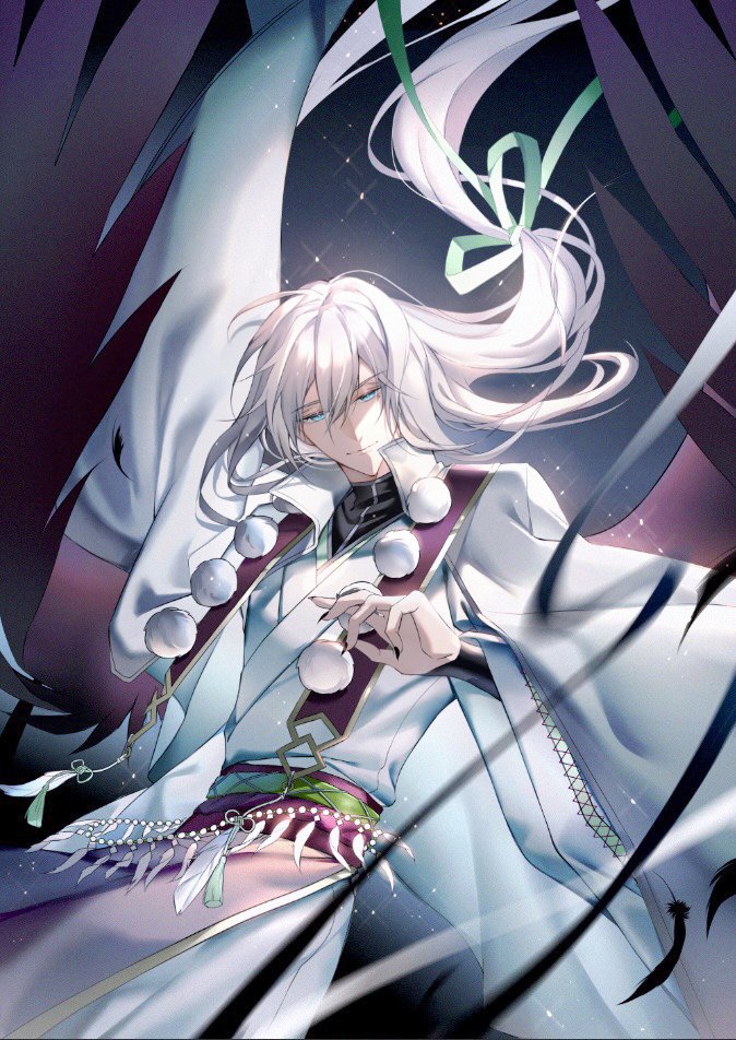 1boy black_nails black_shirt black_wings blue_eyes cowboy_shot feathered_wings fingernails floating_hair green_ribbon hair_between_eyes hair_floating_upwards hair_ribbon idolish7 japanese_clothes kimono light_particles long_hair long_sleeves looking_at_viewer low-tied_long_hair male_focus nail_polish pom_pom_(clothes) purple_sash ribbon s_(olath) sash sharp_fingernails shirt smile solo tassel tengu turtleneck white_hair white_kimono wide_sleeves wings yuki_(idolish7)