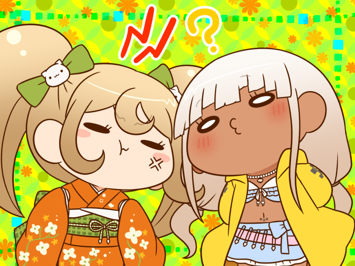2girls ? anger_vein bikini blonde_hair blunt_bangs blush blush_stickers bow cat_hair_ornament chibi closed_eyes closed_mouth commentary danganronpa_(series) danganronpa_2:_goodbye_despair danganronpa_v3:_killing_harmony dark-skinned_female dark_skin frills frustrated hair_bow hair_ornament jacket japanese_clothes jewelry kimono low_twintails multiple_girls necklace o_o orange_kimono pout saionji_hiyoko short_hair skirt swimsuit twintails white_hair yonaga_angie yumaru_(marumarumaru)