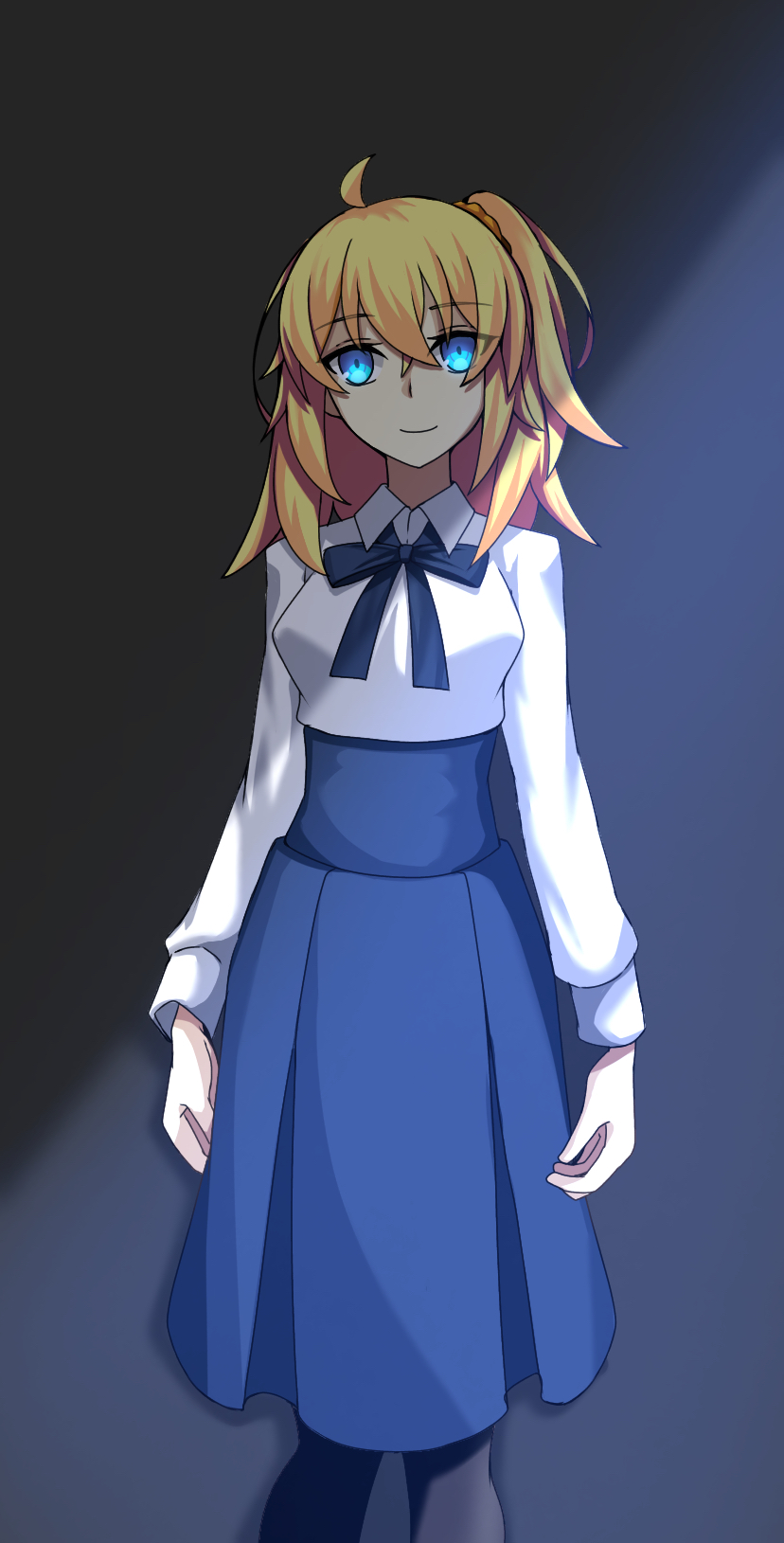 1girl ahoge arms_at_sides artoria_pendragon_(fate) blonde_hair blue_eyes blue_ribbon blue_skirt fate/grand_order fate/stay_night fate_(series) fujimaru_ritsuka_(female) fujimaru_ritsuka_(female)_(anniversary_blonde) hair_between_eyes high-waist_skirt highres looking_at_viewer neck_ribbon pantyhose ribbon saber_(fate) scrunchie shaded_face shirt short_hair side_ponytail skirt smile solo takenoko_(haruharu) white_shirt yellow_scrunchie