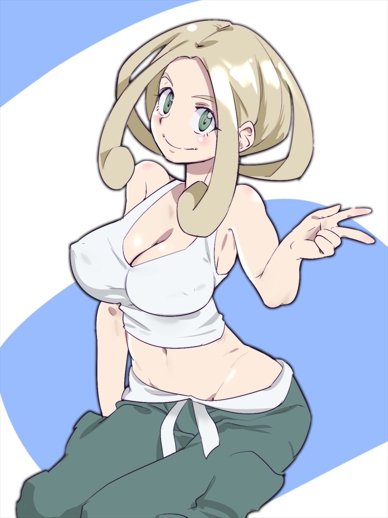 1girl bad_id bad_pixiv_id bare_shoulders blonde_hair blue_background blush breasts cleavage covered_erect_nipples crop_top female_focus green_eyes green_pants hand_up large_breasts looking_at_viewer midriff navel nintendo no_bra outline pants pokemon pokemon_xy shiny_skin shirt short_hair simple_background sitting sleeveless sleeveless_shirt smile solo stomach tank_top two-tone_background v viola_(pokemon) white_shirt white_tank_top zaitsu