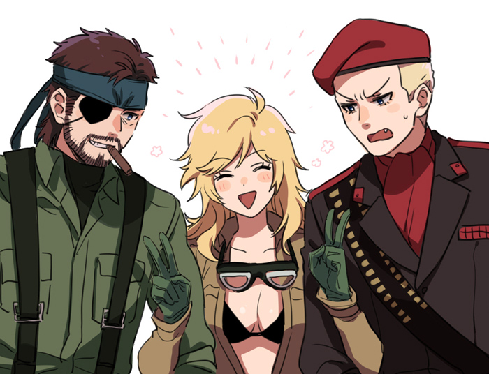 1girl 2boys bandana bandolier belt beret big_boss black_bra blonde_hair bra breasts brown_hair cigar cleavage closed_eyes eva_(metal_gear) eyepatch facial_hair gloves grin hat jacket metal_gear_(series) metal_gear_solid_3:_snake_eater military military_uniform multiple_boys noriuma open_clothes open_jacket revolver_ocelot smile underwear v
