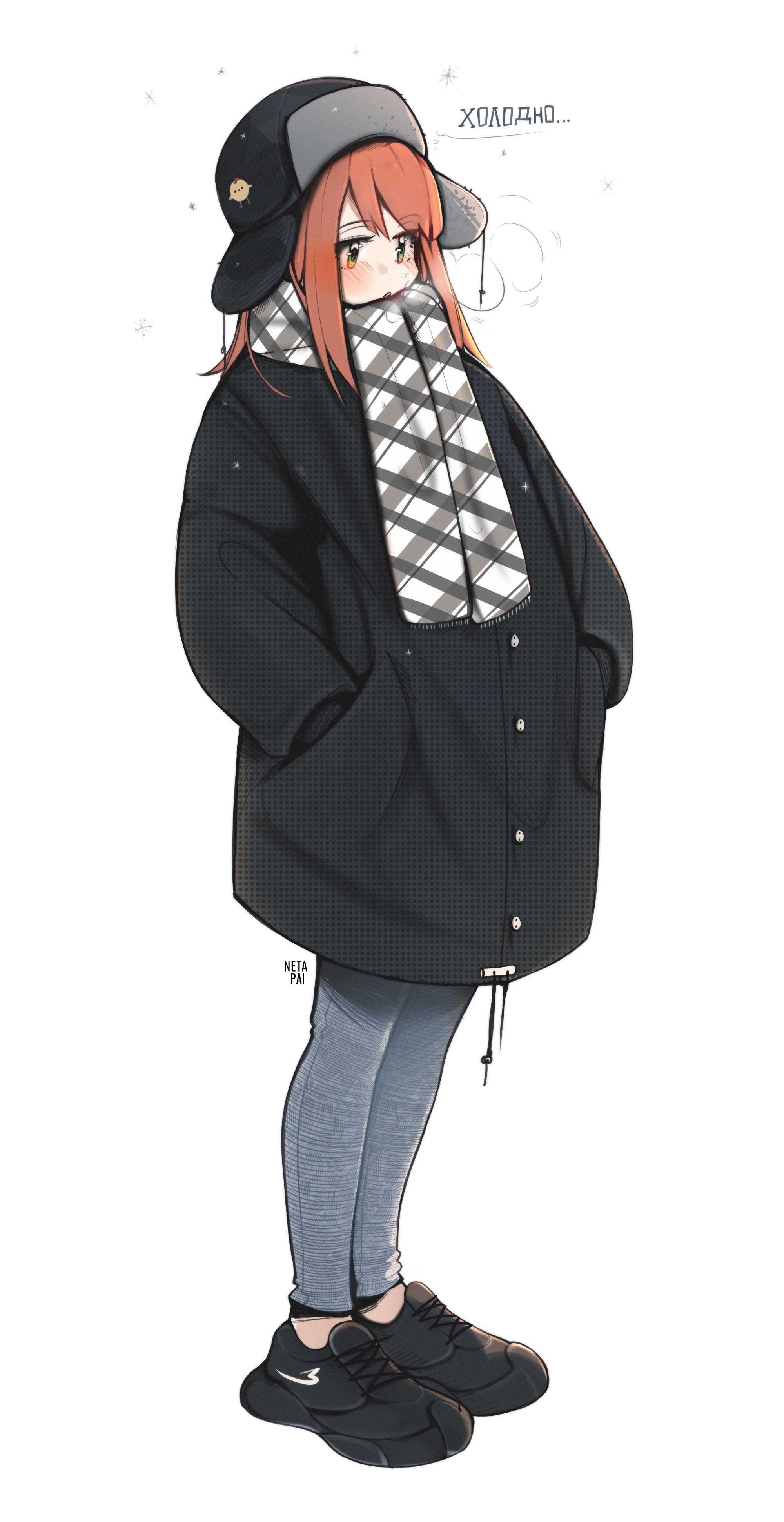 1girl absurdres animal_print black_coat black_hat black_shoes blush chick_print coat commentary commentary_request cross-laced_footwear denim english_commentary full_body fur_hat green_eyes grey_pants grey_scarf hands_in_pockets hat highres legs_together long_hair long_sleeves looking_ahead netapai1 original pants plaid_clothes plaid_scarf print_headwear red_hair scarf shoes sidelocks simple_background snowflakes snowing solo speech_bubble standing steam swept_bangs thought_bubble unmoving_pattern white_background winter_clothes