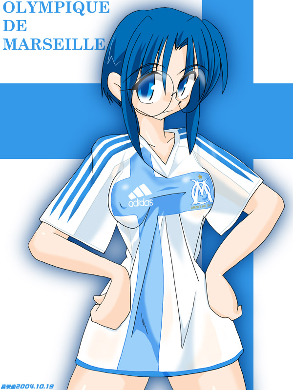 2004 archived_source blue_hair ciel_(tsukihime) covered_erect_nipples dated glasses hands_on_own_hips jersey kieyza looking_at_viewer no_pants olympique_de_marseille see-through_clothes see-through_shirt shirt short_hair soccer soccer_uniform solo sportswear tsukihime