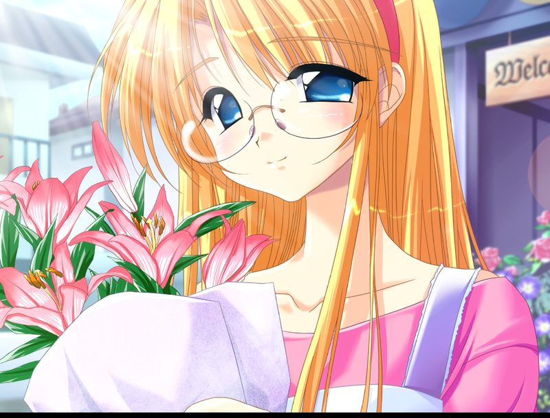 1girl blonde_hair blue_eyes downhill_night emily_(pure_dream) female_focus flower glasses long_hair smile solo top_(company) yano_maria