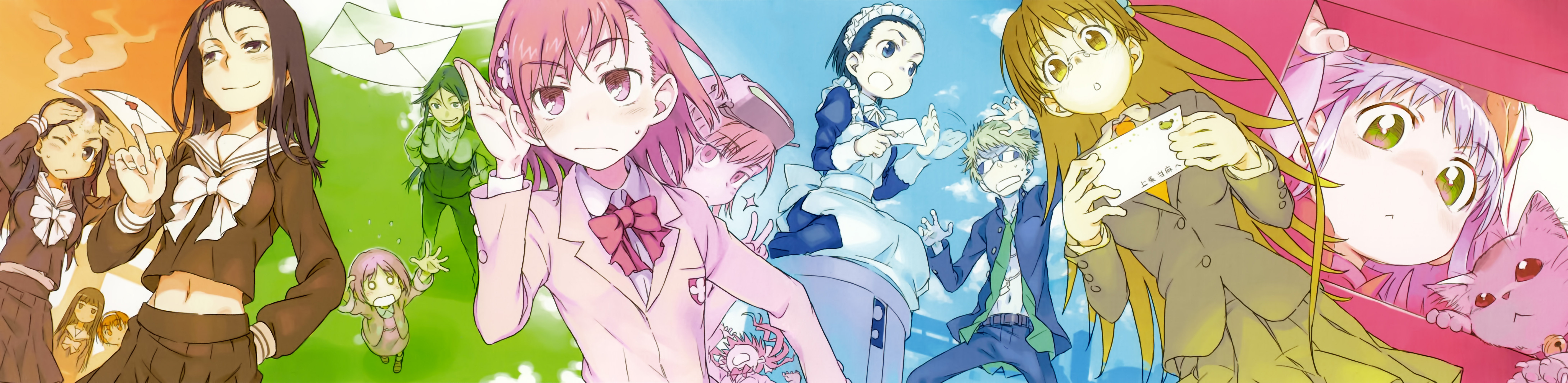 1boy 6+girls absurdres alternate_breast_size animal black_hair black_serafuku blazer blue_hair blush bow bowtie brown_eyes brown_hair cat fukiyose_seiri glasses green_eyes haimura_kiyotaka hair_ornament head-mounted_display highres himegami_aisa index_(toaru_majutsu_no_index) jacket kazakiri_hyouka kumokawa_seria letter long_hair long_image long_skirt love_letter maid maid_headdress misaka_imouto misaka_mikoto mob_(toaru_majutsu_no_index) multiple_girls navel necktie nun official_art open_mouth peace_symbol pink_hair pleated_skirt red_bow ribbon school_uniform seiza serafuku shirai_kuroko short_hair siblings side_ponytail sisters sitting skirt smile sphinx_(toaru_majutsu_no_index) sunglasses toaru_majutsu_no_index track_suit tsuchimikado_maika tsuchimikado_motoharu tsukuyomi_komoe v wide_image yoshikawa_kikyou
