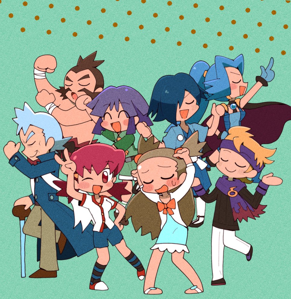 3girls 5boys :d ;d ^_^ black_sweater blonde_hair blue_hair blush bodysuit brown_footwear brown_hair bugsy_(pokemon) buttons cane chuck_(pokemon) clair_(pokemon) closed_eyes closed_mouth coat dress facial_hair falkner_(pokemon) gloves green_background green_shirt green_shorts hair_over_one_eye hands_up happy headband jacket jasmine_(pokemon) kuwagata_zaurus leg_up long_hair long_sleeves morty_(pokemon) multiple_boys multiple_girls mustache nintendo one_eye_closed open_mouth pants pokemon pokemon_hgss ponytail pryce_(pokemon) purple_hair purple_headband purple_scarf sandals scarf shirt shoes short_hair short_sleeves shorts shrugging smile socks striped_clothes striped_socks sweatdrop sweater topless_male twintails two_side_up white_jacket white_pants white_scarf whitney_(pokemon) wrist_wrap