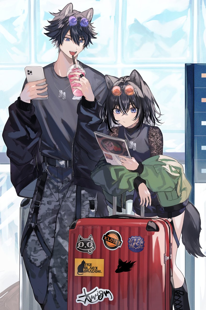 1boy 1girl :d animal_ears belt black_belt black_footwear black_hair black_jacket black_shorts blue_eyes boots camouflage camouflage_pants cellphone closed_mouth commentary_request cup dog_tags drinking_straw eyewear_on_head green_jacket grey_pants grey_shirt highres holding holding_cup holding_menu jacket jacket_partially_removed jewelry lace lace_sleeves looking_at_another menu multicolored_hair multiple_rings open_mouth orange-tinted_eyewear original pants phone purple-tinted_eyewear ring rolling_suitcase round_eyewear shirt shirt_tucked_in shorts shugao smartphone smile streaked_hair streetwear suitcase tail teeth tinted_eyewear twitter_username upper_teeth_only