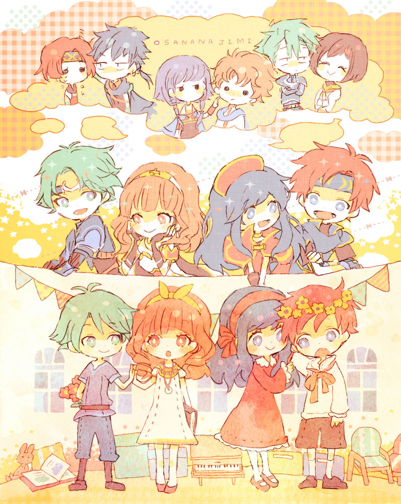 5boys 5girls aged_down ahoge alm_(fire_emblem) aqua_hair aran_(fire_emblem) armor artur_(fire_emblem) belt blue_eyes blue_hair blush blush_stickers book boots brown_hair cape capelet celica_(fire_emblem) chair cheek_poking chibi circlet cloak closed_eyes colm_(fire_emblem) couple crossed_arms crying dress elbow_gloves fingerless_gloves fire_emblem fire_emblem:_path_of_radiance fire_emblem:_radiant_dawn fire_emblem:_the_binding_blade fire_emblem:_the_sacred_stones fire_emblem_echoes:_shadows_of_valentia fire_emblem_heroes flower gloves green_eyes hair_between_eyes hair_flower hair_ornament hairband head_wreath headband headpat hetero high_five holding holding_behind_back holding_flower holding_hands instrument jewelry kappaman laura_(fire_emblem) lilina_(fire_emblem) long_hair looking_at_another lute_(fire_emblem) multiple_boys multiple_girls neck_ribbon neimi_(fire_emblem) nintendo open_mouth orange_hair pants pendant piano poking ponytail purple_hair red_eyes red_hair ribbon robe roy_(fire_emblem) shirt shoes short_hair short_ponytail sidelocks smile socks spiked_hair window
