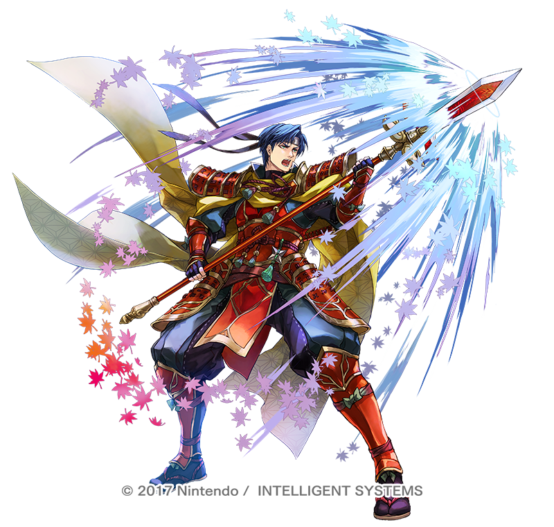 1boy armor attack black_gloves black_hair cape copyright_notice fingerless_gloves fire_emblem fire_emblem:_radiant_dawn fire_emblem_heroes gloves hagiya_kaoru headband holding holding_polearm holding_weapon japanese_armor japanese_clothes leaf male_focus nintendo official_alternate_costume official_art open_mouth pelvic_curtain polearm short_hair shoulder_armor solo teeth v-shaped_eyebrows weapon white_background yellow_cape zelgius_(fire_emblem) zelgius_(ninja)_(fire_emblem)
