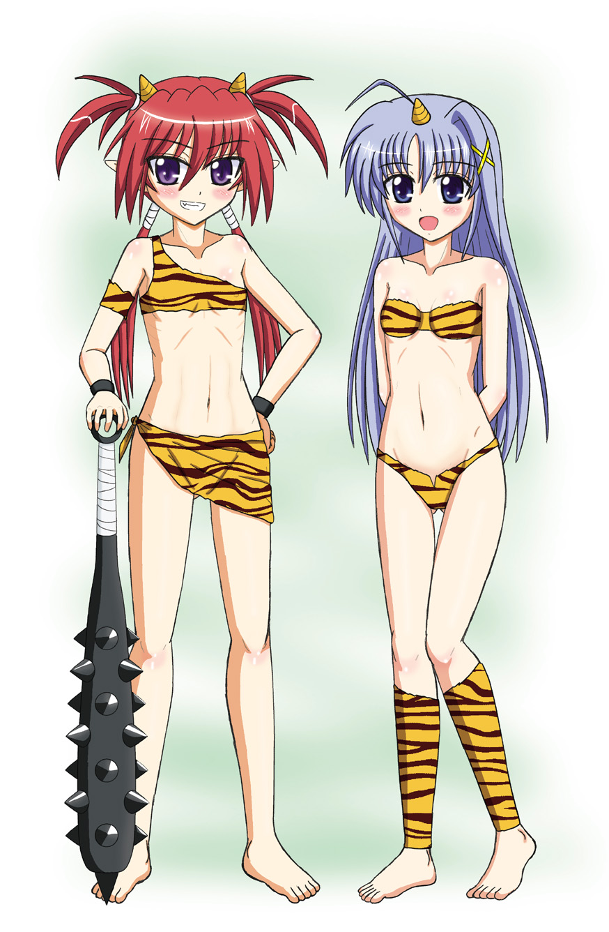 2girls :d abs agito agito_(nanoha) ahoge animal_print armband arms_behind_back bandages bandeau barefoot bikini blue_hair blush body_blush breasts clenched_hand club club_(weapon) cosplay covered_erect_nipples feet flat_chest green_background grin groin hair_between_eyes hair_ornament hand_on_hilt hand_on_own_hip highres horns jabujabu kanabou leg_warmers long_hair looking_at_viewer low_twintails lowleg lowleg_bikini lum lyrical_nanoha mahou_shoujo_lyrical_nanoha mahou_shoujo_lyrical_nanoha_strikers multiple_girls navel oni open_mouth parted_bangs pointy_ears purple_eyes quad_tails red_hair reinforce_zwei ribs sarong scrunchie short_twintails single_horn small_breasts smile spiked_club standing striped_clothes striped_sarong swimsuit thigh_gap tiger_print twintails underboob urusei_yatsura very_long_hair weapon wristband x_hair_ornament