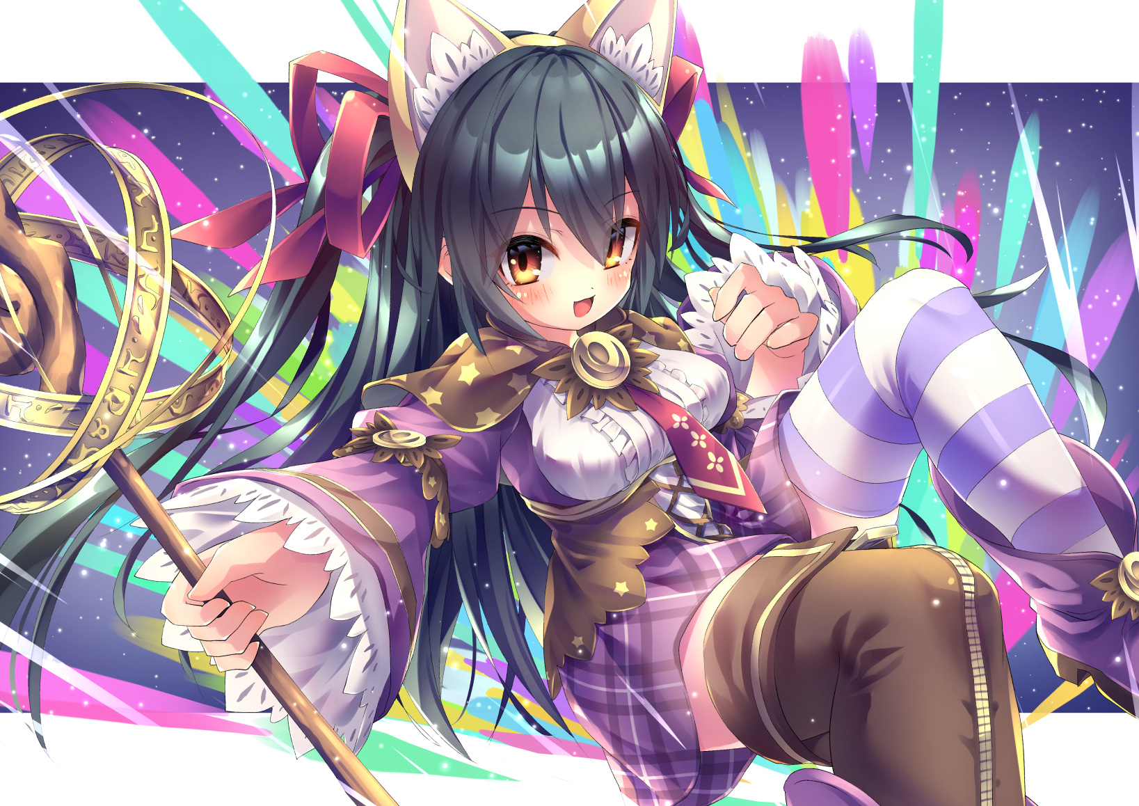 1girl animal_ear_hairband animal_ears black_hair boots breasts emil_chronicle_online fake_animal_ears frilled_sleeves frills hair_ribbon hairband highres large_breasts long_hair open_mouth purple_boots ribbon staff striped_clothes striped_thighhighs syugoma_kanade thighhighs thighs yellow_eyes yupi828