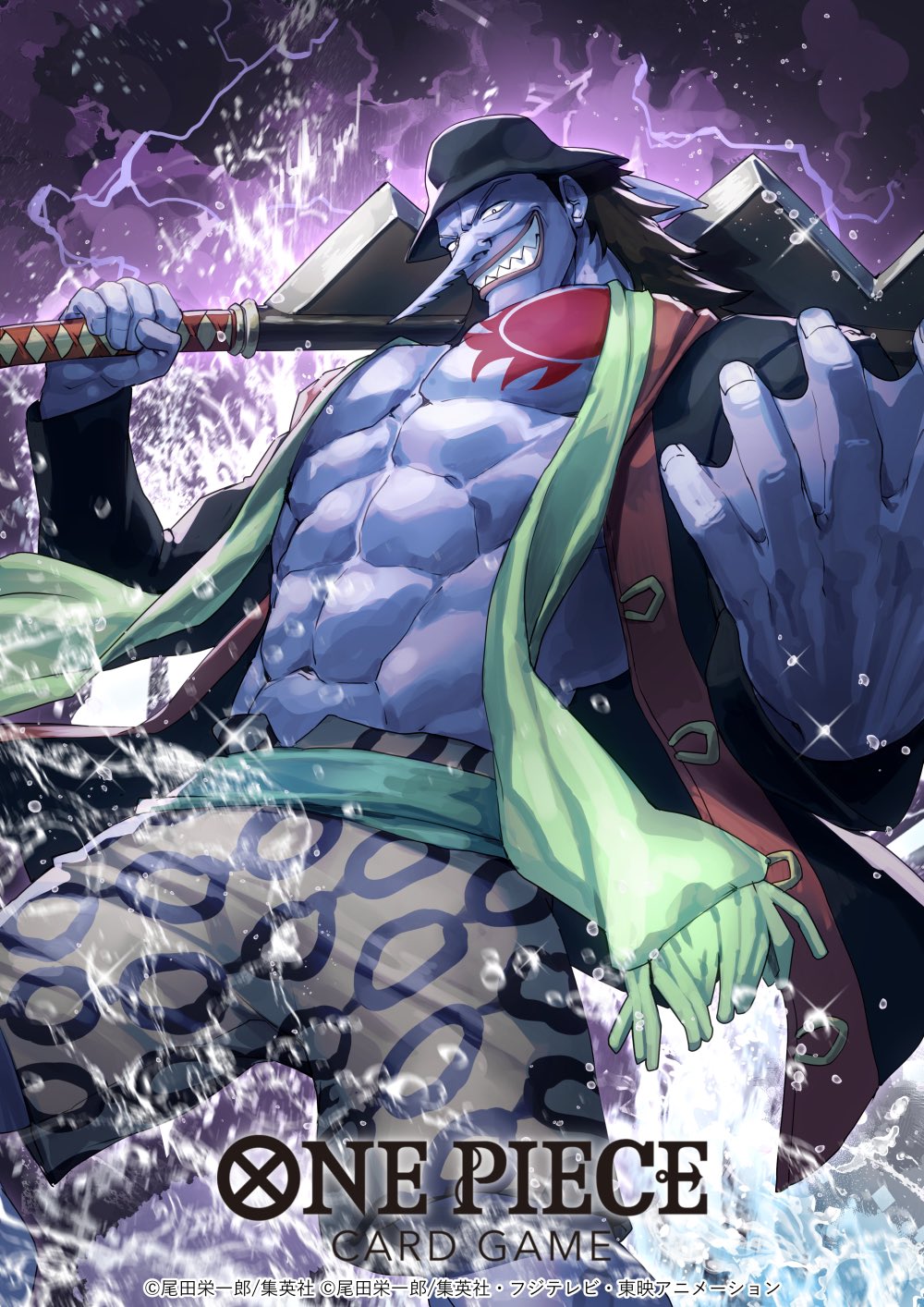1boy abs arlong black_hair blue_skin chest_tattoo colored_skin commentary_request copyright_name dai-xt green_scarf hat highres holding holding_weapon long_hair long_nose looking_at_viewer male_focus official_art one_piece one_piece_card_game sash scarf sharp_teeth solo tattoo teeth water weapon