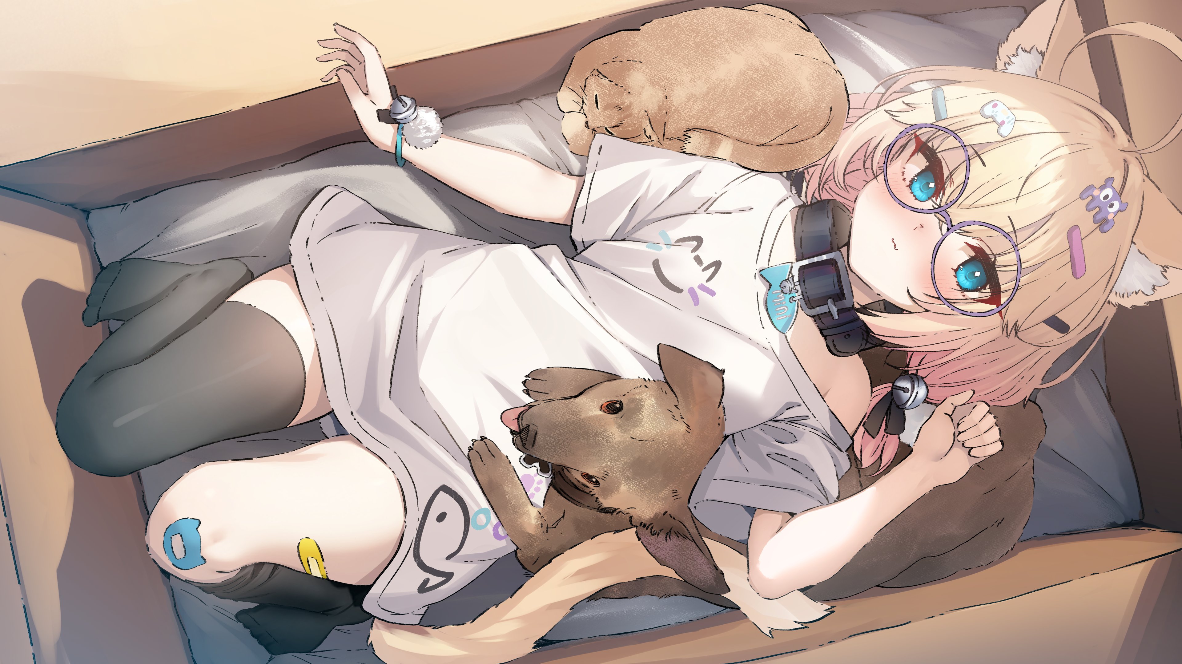 1girl :3 absurdres ahoge animal_ear_fluff animal_ears animal_print aqua_eyes asymmetrical_legwear bandaid bandaid_on_knee bandaid_on_leg bell belt_collar black_thighhighs blonde_hair blush box cardboard_box cat cat_ears cat_girl cat_print closed_mouth collar controller_hair_ornament dog fish_print glasses hair_ornament hairclip highres indie_virtual_youtuber jun_project looking_at_viewer low_twintails lying minikomew name_tag oversized_clothes oversized_shirt shirt soles solo_focus t-shirt thighhighs twintails waifuspite white_shirt