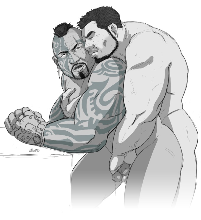 2boys arm_tattoo bara beard beard_stubble broad_shoulders chinstrap_beard closed_eyes completely_nude connected_beard cuddling cuddling_handjob dominic_santiago earrings facial_hair facial_tattoo flaccid gears_of_war gloves goatee hand_on_table handjob hug hug_from_behind jewelry male_focus mohawk multiple_boys muscular muscular_male nude pectoral_grab santo shoulder_tattoo stubble tai_kaliso tattoo thick_eyebrows yaoi