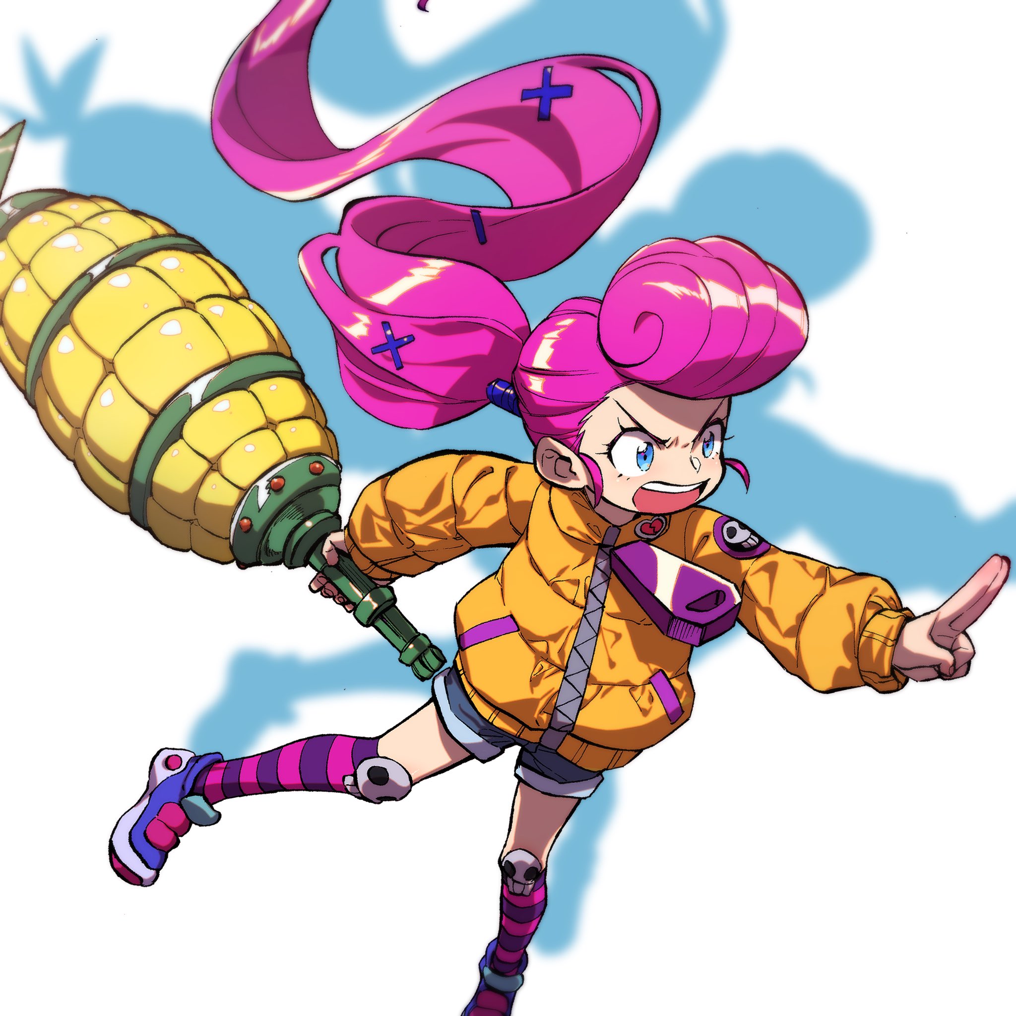 1girl absurdly_long_hair aqua_eyes berecca blue_shoes blue_shorts broken_heart child commentary_request corn_bat_(ninjala) denim denim_shorts drop_shadow fingernails good_kneehighs_day gungho hair_ornament hairclip heart highres holding holding_weapon hood hood_down hooded_jacket horizontal-striped_socks jacket kneehighs kuji-in legs_apart long_hair long_sleeves looking_to_the_side motoyui multicolored_shoes ninjala official_art open_mouth padded_jacket padded_sleeves pink_hair pink_socks pompadour ponytail print_sleeves puffy_long_sleeves puffy_sleeves purple_socks shoes shorts sidelocks simple_background skull_ornament skull_print smile socks solo teeth upper_teeth_only v-shaped_eyebrows very_long_hair weapon white_background x_hair_ornament yellow_hood yellow_jacket yellow_sleeve_cuffs zipper_pull_tab