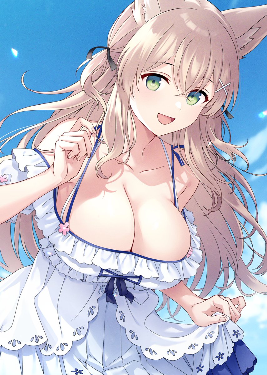 1girl animal_ear_fluff animal_ears aruma_(goma) black_ribbon blonde_hair blue_sky breasts cleavage cloud collarbone commission dress e_(eokiba) green_eyes hair_ornament hair_ribbon highres large_breasts long_hair open_mouth original pleated_dress ribbon shadow skeb_commission skirt_hold sky solo white_dress x_hair_ornament