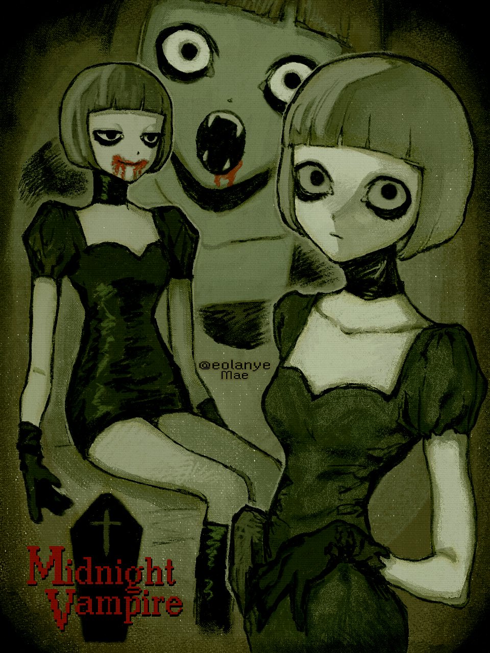 1girl artist_name black_choker black_dress black_eyes black_eyeshadow black_gloves blood_on_mouth bob_cut choker coffin collarbone dress eolanye expressionless eyeshadow fangs gloves grey_hair highres horror_(theme) juliet_sleeves long_sleeves looking_at_viewer makeup medium_hair midnight_vampire_(takena) multiple_views open_mouth pale_skin pixel_text puffy_sleeves smile vampire