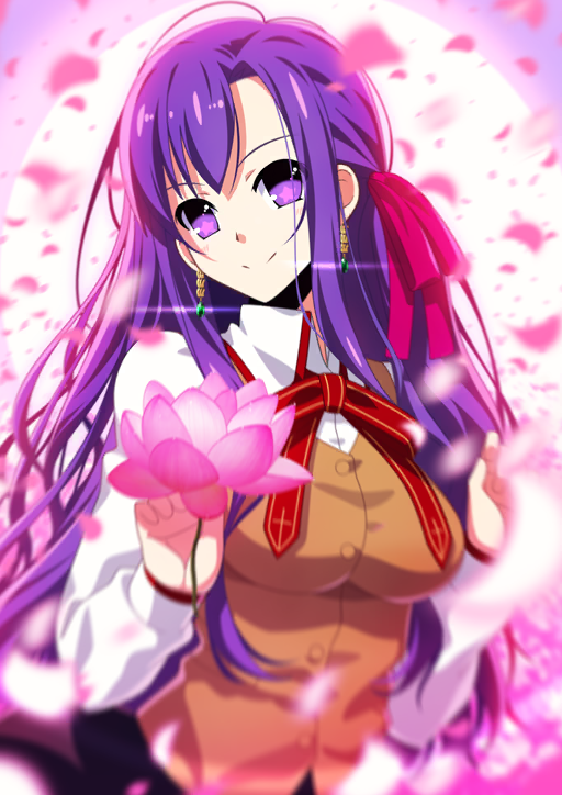 1girl aotsuki_takao asymmetrical_bangs black_skirt blurry breasts brown_vest buttons closed_mouth collared_shirt cosplay earrings fate/grand_order fate_(series) flower flower_request glint hair_ribbon hands_up holding holding_flower homurabara_academy_school_uniform jewelry large_breasts long_hair long_sidelocks long_sleeves looking_at_viewer neck_ribbon no_pupils official_art official_cosplay parvati_(fate) pink_background pink_flower pink_petals pink_ribbon purple_eyes purple_hair red_ribbon ribbon school_uniform shirt sidelocks skirt smile solo star_(symbol) star_in_eye symbol_in_eye third-party_source upper_body vest white_shirt wing_collar