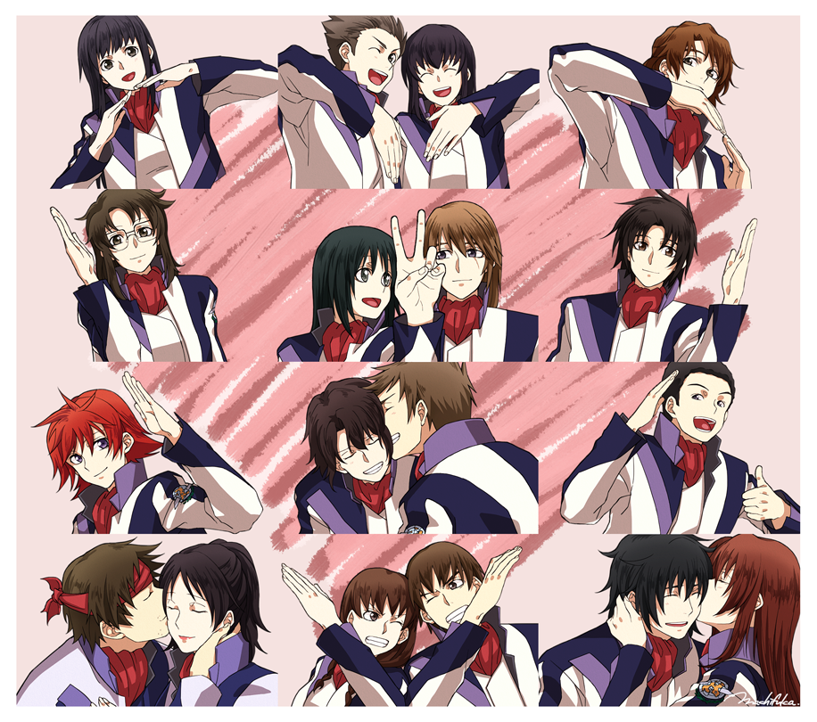 10s 6+boys 6+girls :d ;d ^_^ black_hair blue_eyes border brother_and_sister brown_eyes brown_hair canon_memphis kissing_cheek couple douma_hiroto closed_eyes glasses grey_eyes grin hazama_shouko headband heart hino_michio ikoma_yumi jacket kaname_sakura kasugai_koyo kiss kodate_mamoru kondou_kenji kuramae_karin lips long_hair long_sleeves looking_at_another looking_at_viewer machi_fuka makabe_kazuki masaoka_ryou minashiro_soushi minashiro_tsubaki multiple_boys multiple_girls nishio_akira nishio_rina one_eye_closed open_mouth red_hair salute scar short_hair siblings signature smile soukyuu_no_fafner tatekami_seri thumbs_up toomi_yumiko twins twintails uniform v