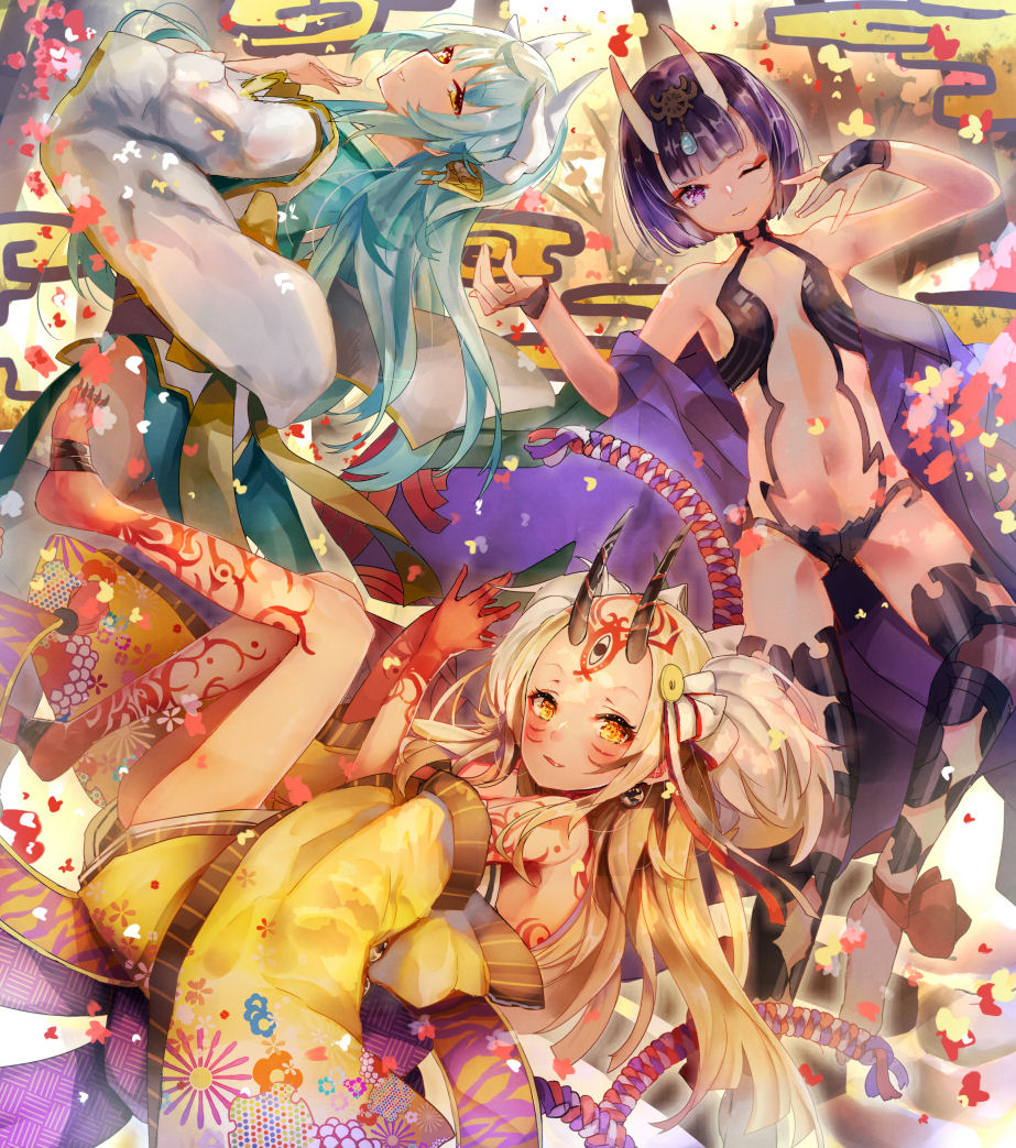 3girls arm_tattoo back_tattoo breasts daikoku_osamu dragon_girl dragon_horns fate/grand_order fate_(series) green_hair green_kimono hair_ornament horns ibaraki_douji_(fate) japanese_clothes kimono kiyohime_(fate) leg_tattoo long_sleeves looking_at_viewer lying multiple_girls multiple_horns navel on_back one_eye_closed purple_eyes purple_hair short_hair shuten_douji_(fate) small_breasts tattoo white_hair wide_sleeves yellow_eyes yellow_kimono