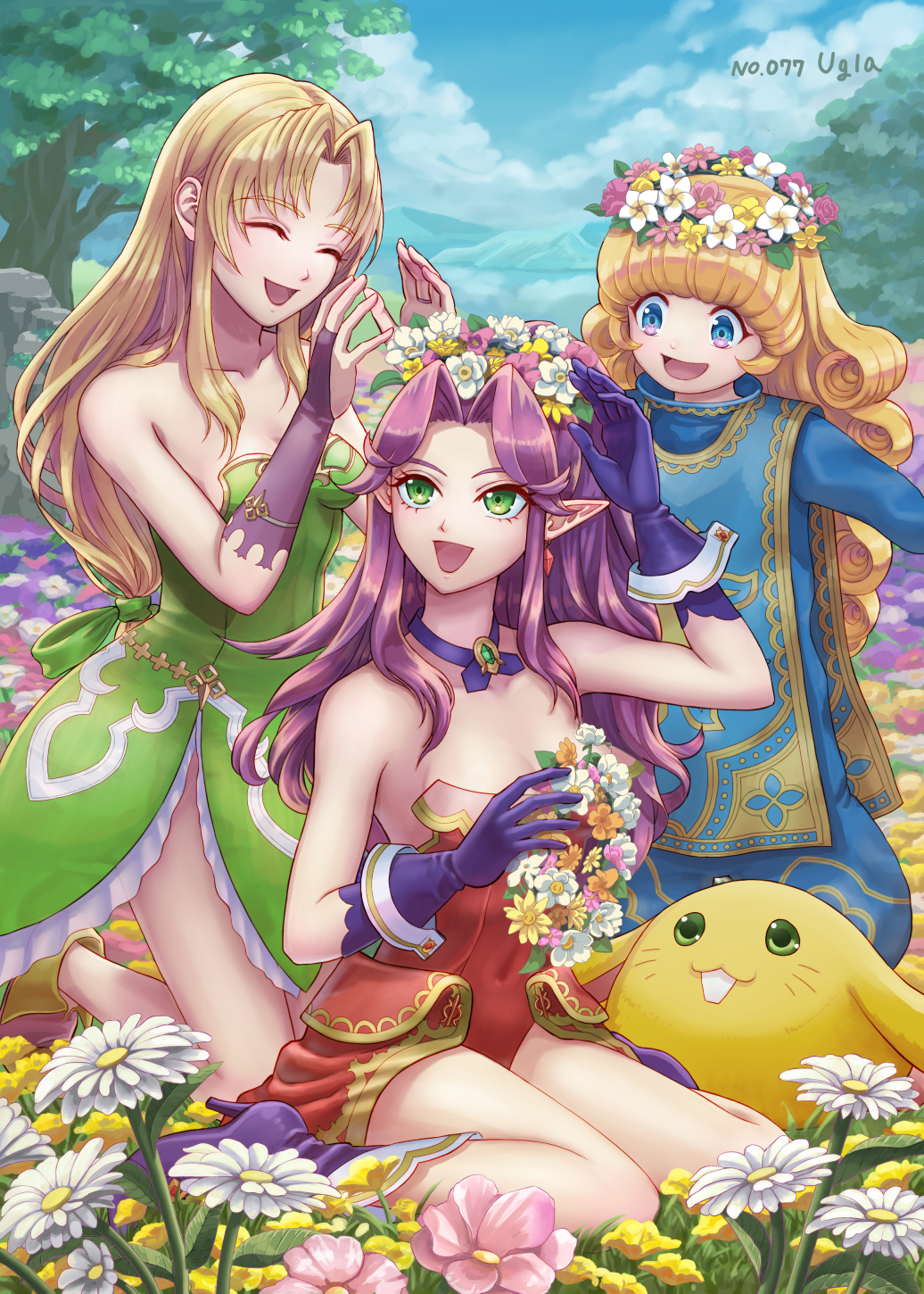 3girls :d angela_(seiken_densetsu_3) blonde_hair blue_eyes blue_sky blue_tabard boots breasts bridal_gauntlets charlotte_(seiken_densetsu_3) closed_eyes cloud curly_hair day dress earrings elf flower gloves green_dress green_eyes hair_flower hair_ornament head_wreath high_heel_boots high_heels highres jewelry kneeling leotard long_hair medium_breasts multiple_girls open_mouth outdoors parted_bangs pointy_ears purple_footwear purple_gloves purple_hair rabite_(seiken_densetsu) red_leotard riesz seiken_densetsu seiken_densetsu_3 short_dress sidelocks signature sitting sky small_breasts smile strapless strapless_dress tabard tree ugla_(y_u_k_i_n_e) very_long_hair wariza