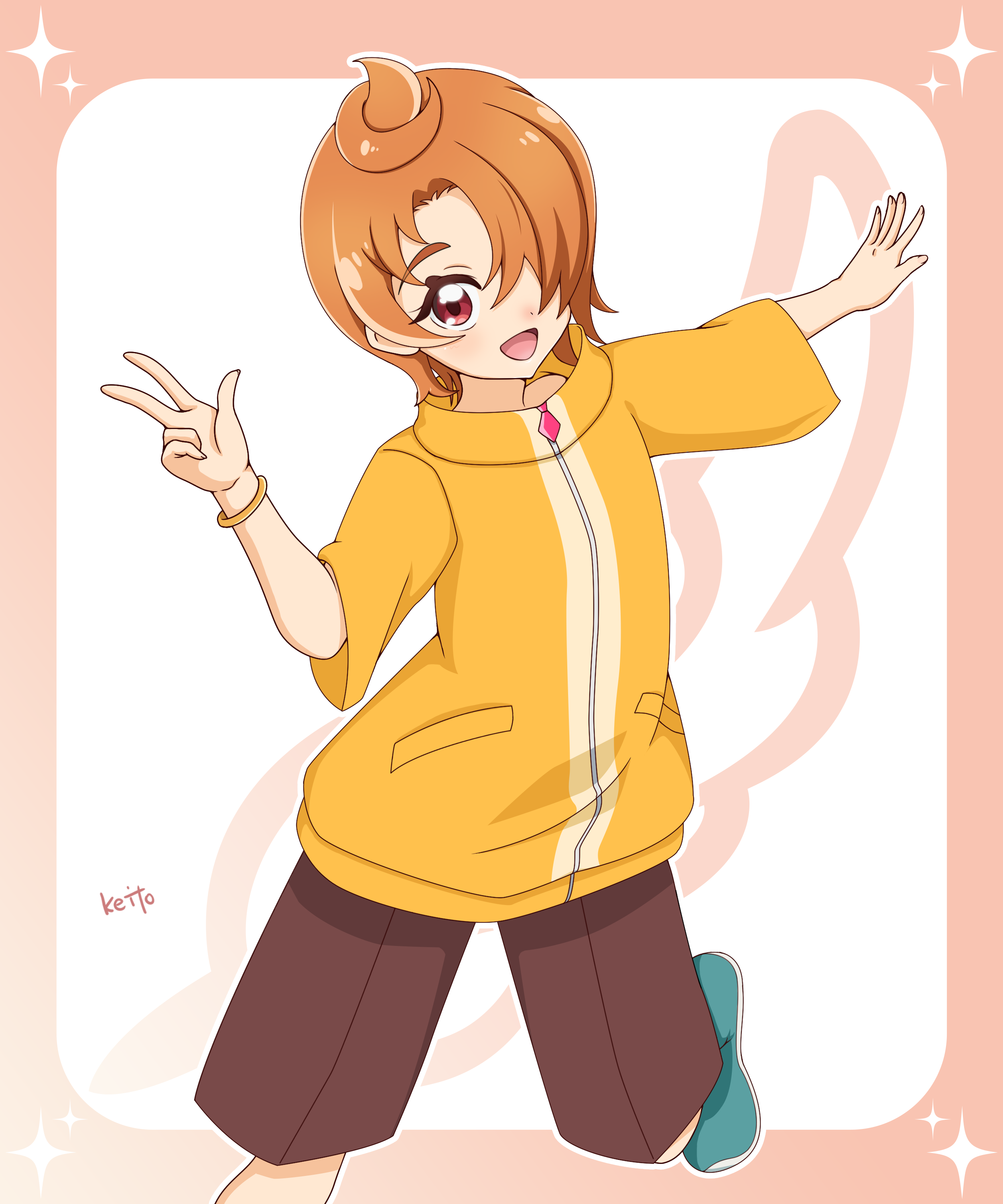 1boy :d absurdres artist_name border bracelet brown_shorts commentary cowboy_shot dot_nose four-pointed_star gradient_border green_shoes hair_over_one_eye hand_up high_collar highres hirogaru_sky!_precure jacket jewelry leg_up legs_apart light_blush looking_at_viewer male_focus open_mouth orange_border orange_hair orange_jacket orange_theme outside_border outstretched_arm precure red_eyes sakuragawa3710 shoes short-sleeved_jacket short_hair short_sleeves shorts single_bracelet smile solo standing standing_on_one_leg star_(symbol) star_border w white_background yuunagi_tsubasa zipper_pull_tab