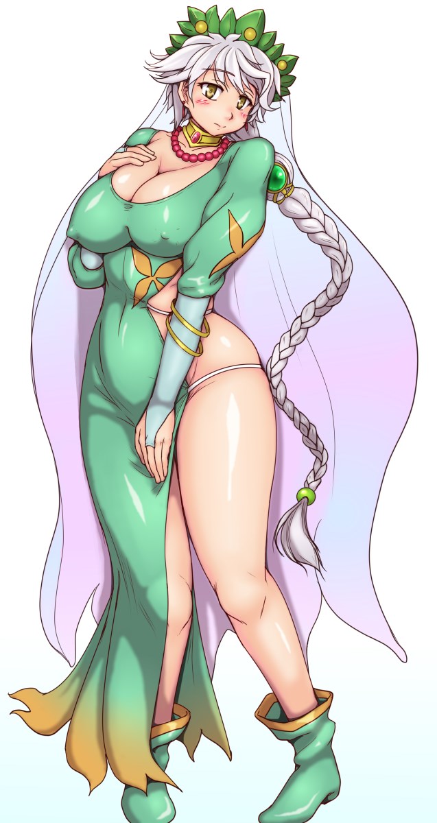 1girl blush bracelet braid breasts brown_eyes choker cleavage cleavage_cutout clothing_cutout cosplay curvy dress earrings covered_erect_nipples female_focus grune_(tales) grune_(tales)_(cosplay) highres jewelry kantai_collection large_breasts long_hair looking_at_viewer necklace orizen ponytail shoes silver_hair solo standing tales_of_(series) tales_of_legendia thick_thighs thighs unryuu_(kancolle) veil very_long_hair