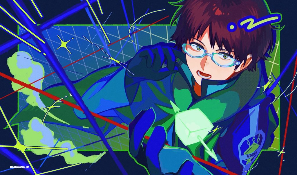 1boy black_gloves black_hair blue_background blue_jacket cloak glasses gloves green_cloak green_eyes hands_up jacket long_sleeves looking_at_viewer male_focus mikumo_osamu nekouchuu_jin open_mouth short_hair solo upper_body world_trigger