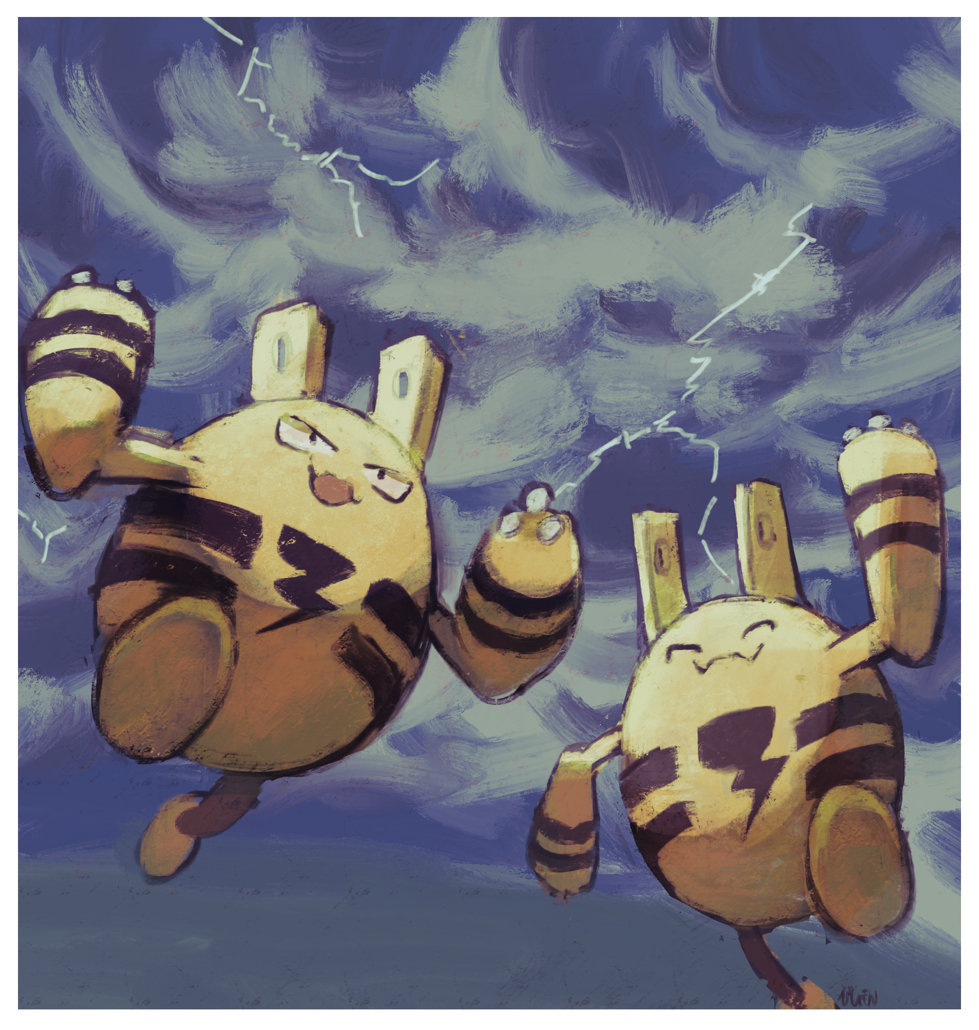 arm_up arms_up bishamon_(usagi_ba) black_eyes border closed_eyes closed_mouth cloud commentary_request elekid gen_2_pokemon highres lightning nintendo no_humans open_mouth outdoors pokemon pokemon_(creature) running signature storm white_border