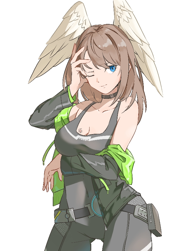 1girl black_bodysuit black_choker black_jacket blue_eyes bodysuit breast_tattoo breasts brown_hair choker cleavage eunie_(xenoblade) green_hoodie hand_on_own_face head_wings hehe_jun hood hoodie jacket jacket_partially_removed large_breasts long_hair looking_at_viewer medium_hair one_eye_closed open_clothes simple_background smile solo tattoo white_wings wings xenoblade_chronicles_(series) xenoblade_chronicles_3