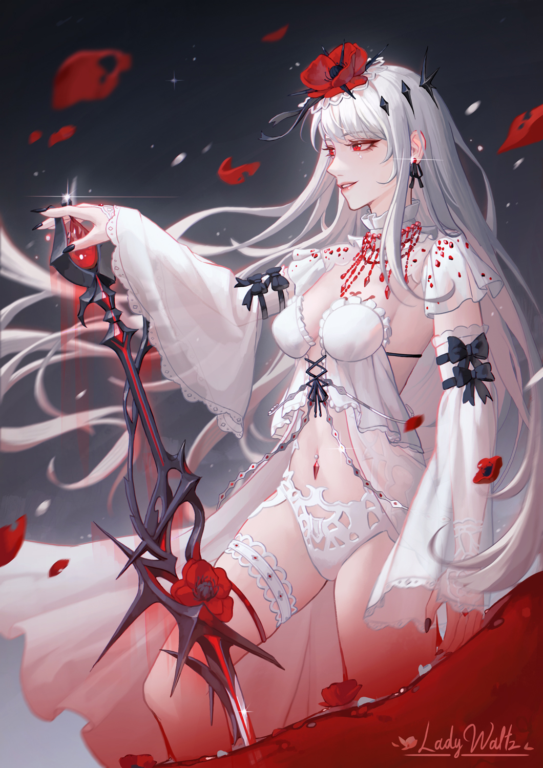 1girl babydoll black_nails breasts cleavage collar coquelic_(path_to_nowhere) cowboy_shot detached_collar detached_sleeves earrings flower flower_ornament gem gradient_background hair_flower hair_ornament highres holding holding_sword holding_weapon jewelry knee_up ladywaltz long_hair long_sleeves looking_ahead medium_breasts midriff nail_polish navel navel_piercing necklace panties parted_lips path_to_nowhere petals piercing poppy_(flower) red_eyes red_flower red_gemstone red_lips see-through_clothes see-through_sleeves smile solo standing stomach sword thigh_strap underwear very_long_hair weapon white_babydoll white_collar white_hair white_negligee white_panties white_sleeves